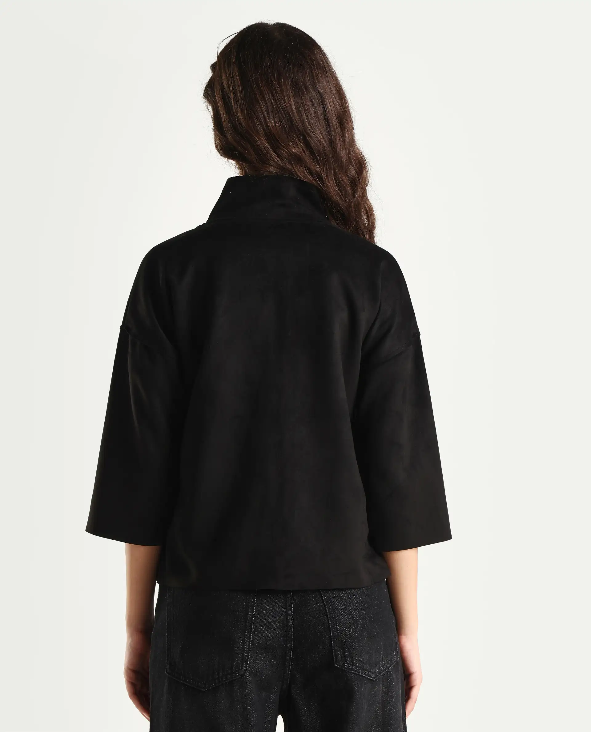 Rareism Women's Vasu 2 Black Suede Stand Collar Plain Boxy Fit Jacket - Image 8