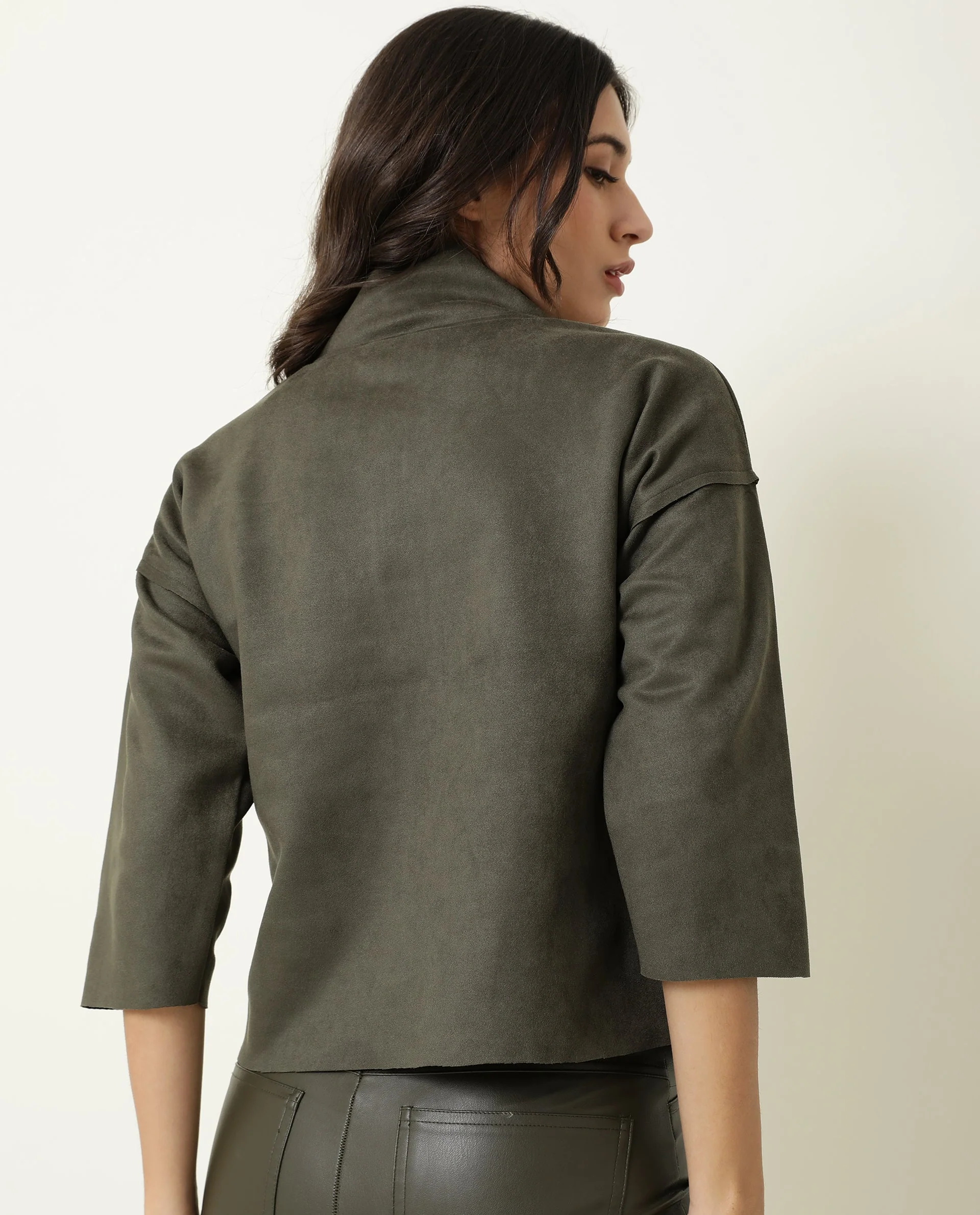 Rareism Women's Vasu Olive Polyester High Neck Plain Regular Fit Jacket - Image 10