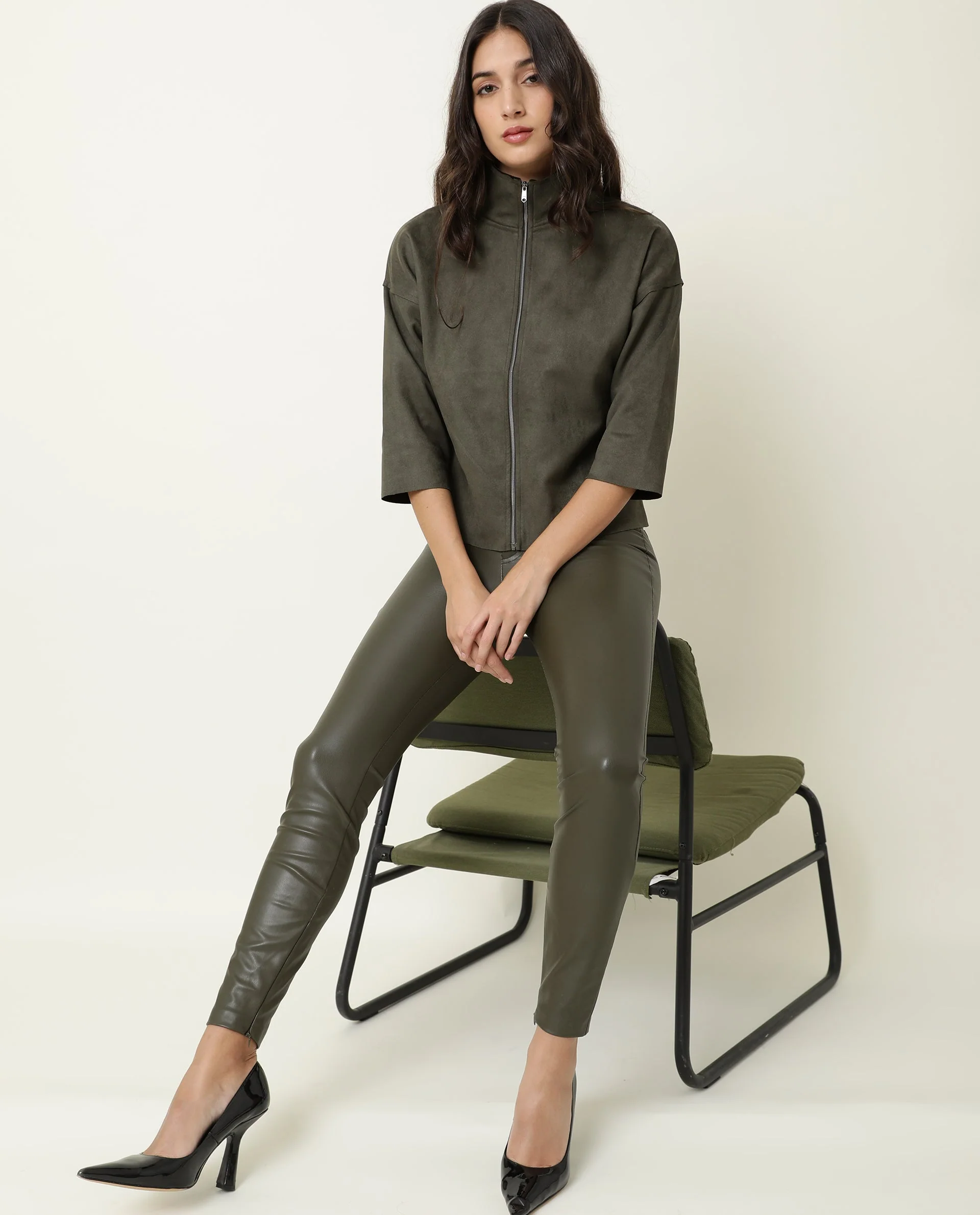 Rareism Women's Vasu Olive Polyester High Neck Plain Regular Fit Jacket - Image 3