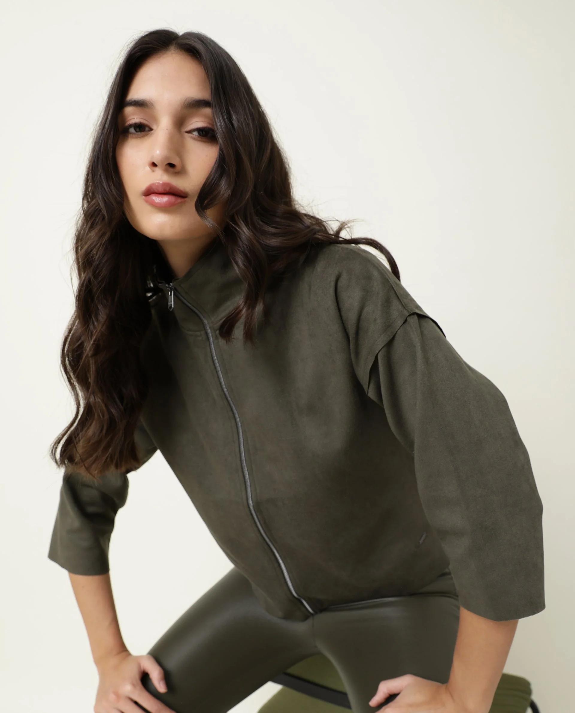 Rareism Women's Vasu Olive Polyester High Neck Plain Regular Fit Jacket - Image 4