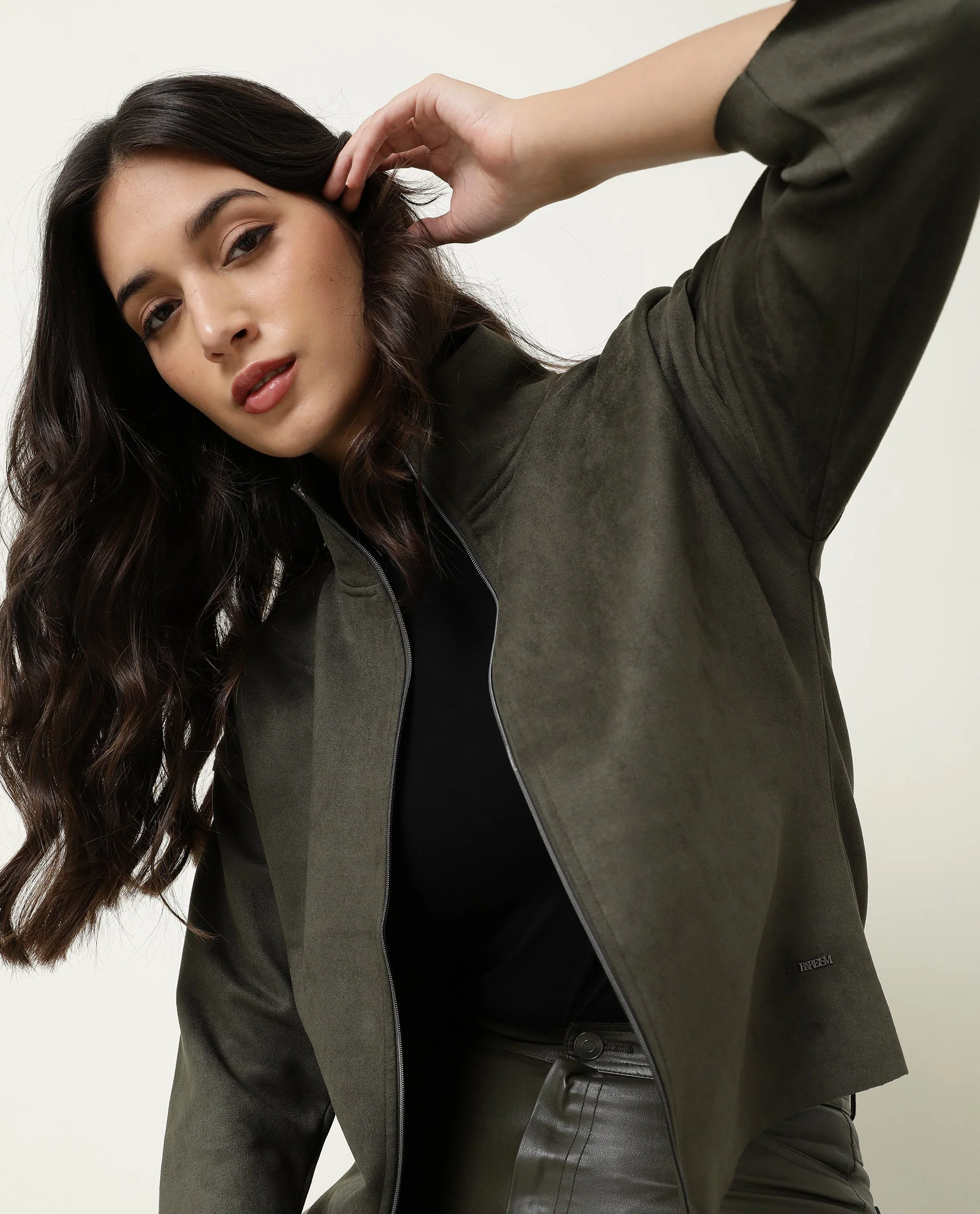 Rareism Women's Vasu Olive Polyester High Neck Plain Regular Fit Jacket - Image 7