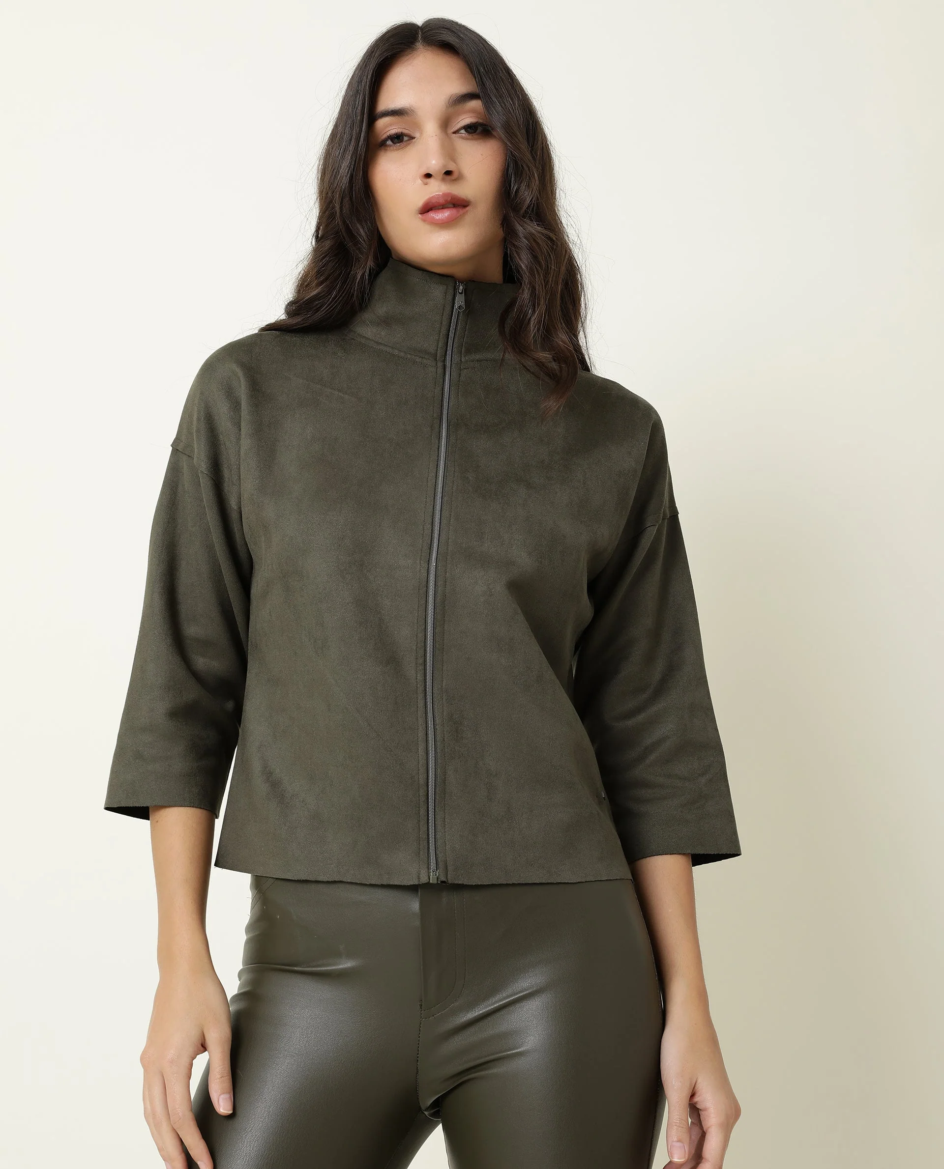 Rareism Women's Vasu Olive Polyester High Neck Plain Regular Fit Jacket - Image 9