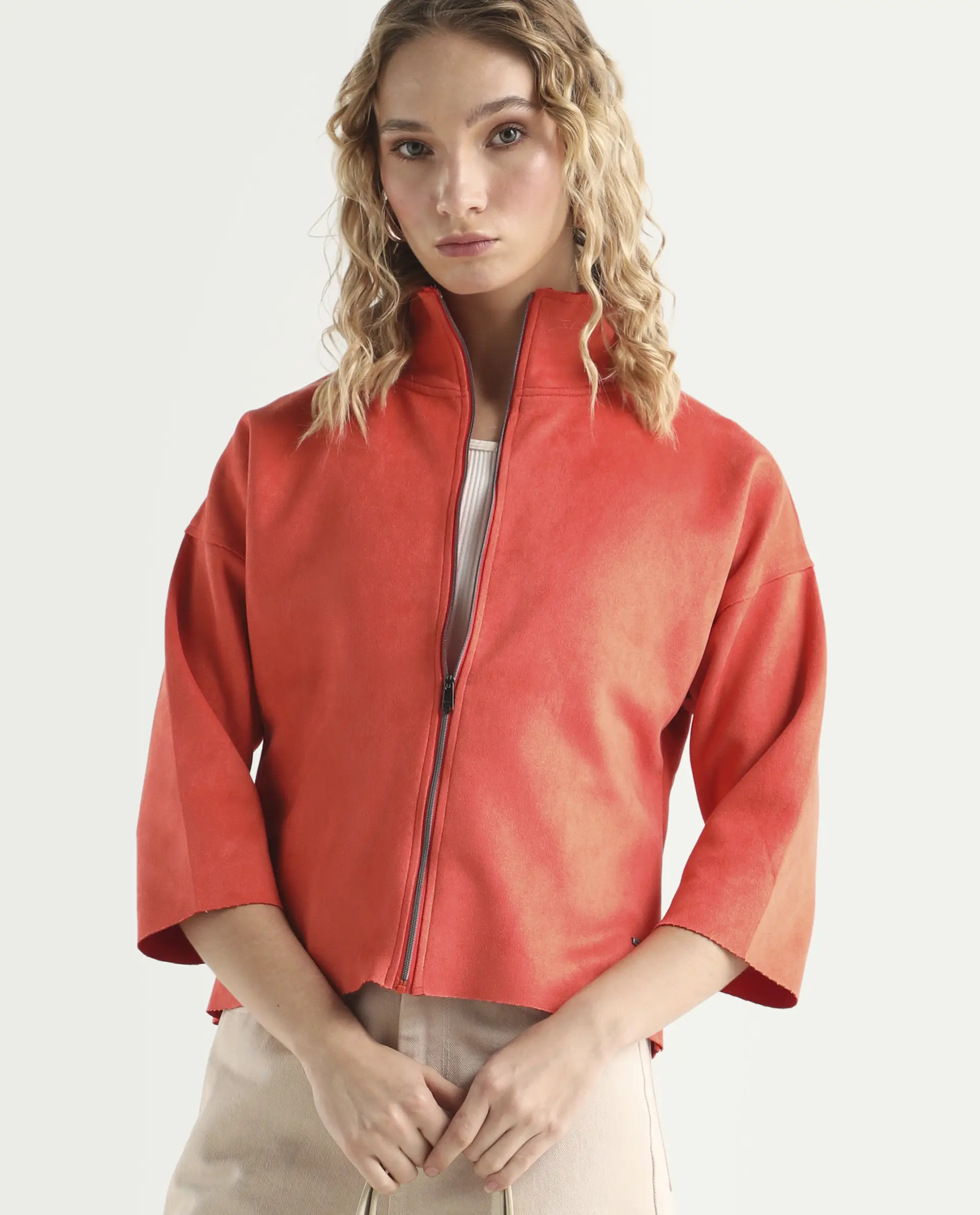 Rareism Women's Vasu Orange Polyester High Neck Plain Regular Fit Jacket - Image 3