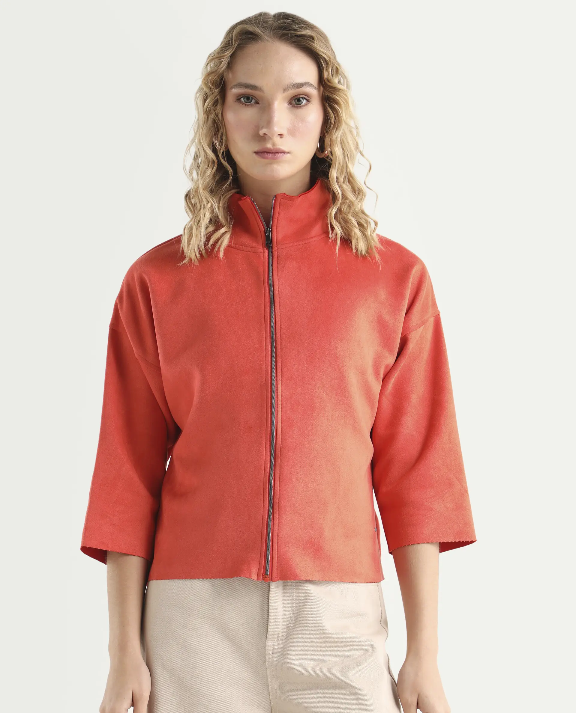 Rareism Women's Vasu Orange Polyester High Neck Plain Regular Fit Jacket - Image 4