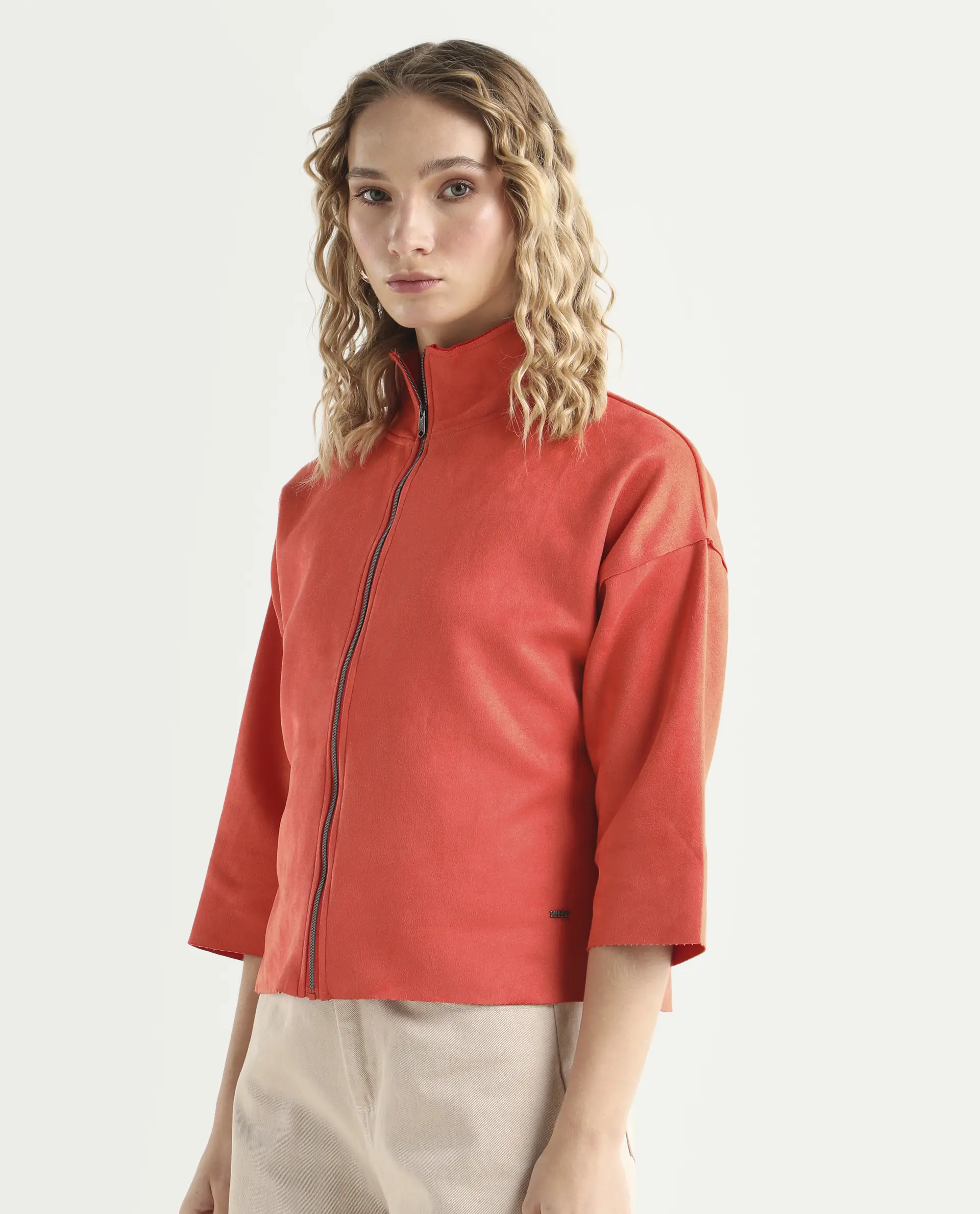 Rareism Women's Vasu Orange Polyester High Neck Plain Regular Fit Jacket - Image 5