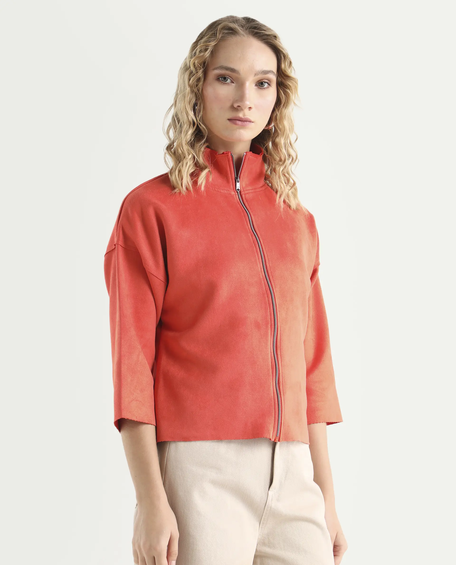 Rareism Women's Vasu Orange Polyester High Neck Plain Regular Fit Jacket - Image 6