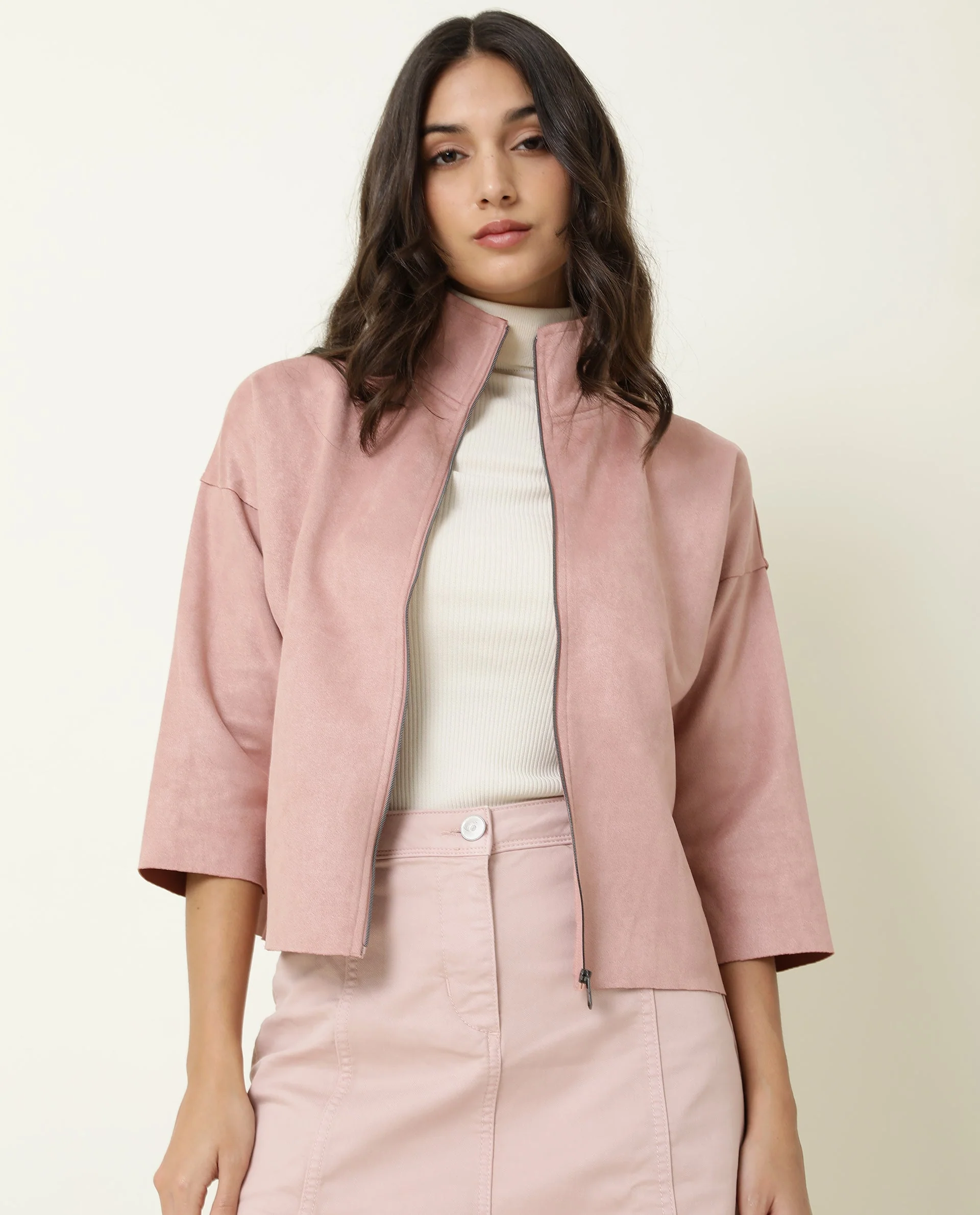 Rareism Women's Vasu Pink Polyester High Neck Plain Regular Fit Jacket - Image 4