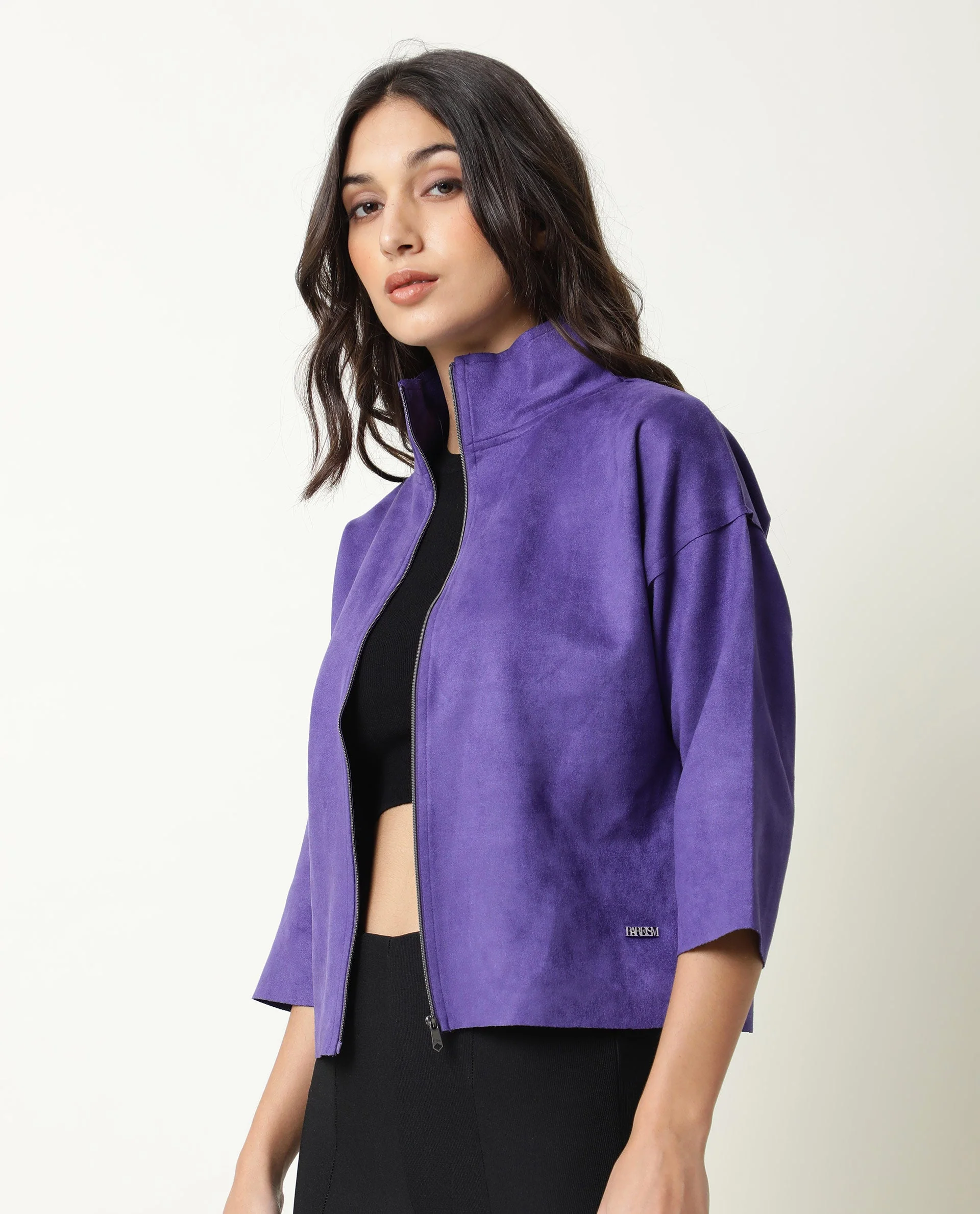 Rareism Women's Vasu Purple Polyester High Neck Plain Regular Fit Jacket - Image 10