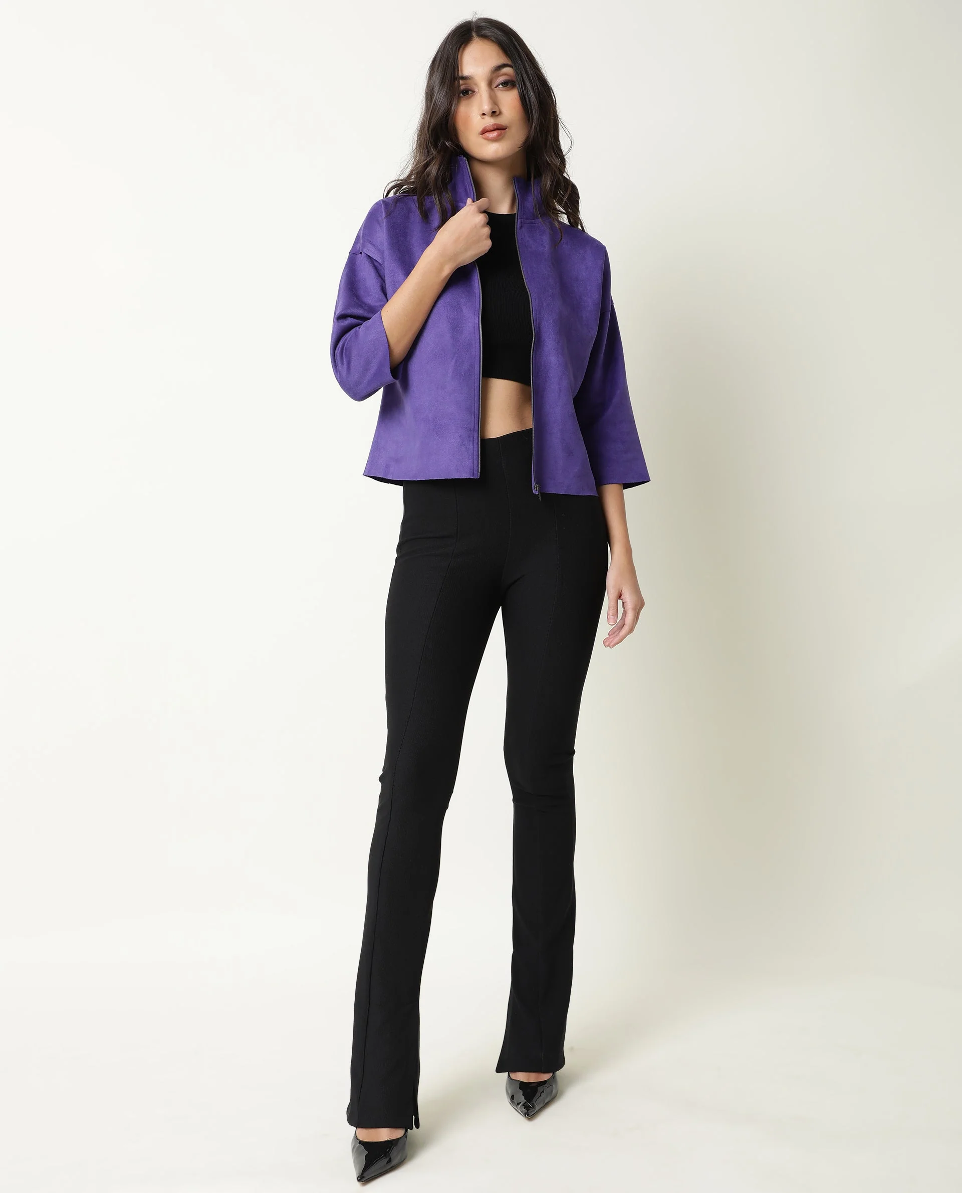 Rareism Women's Vasu Purple Polyester High Neck Plain Regular Fit Jacket - Image 2