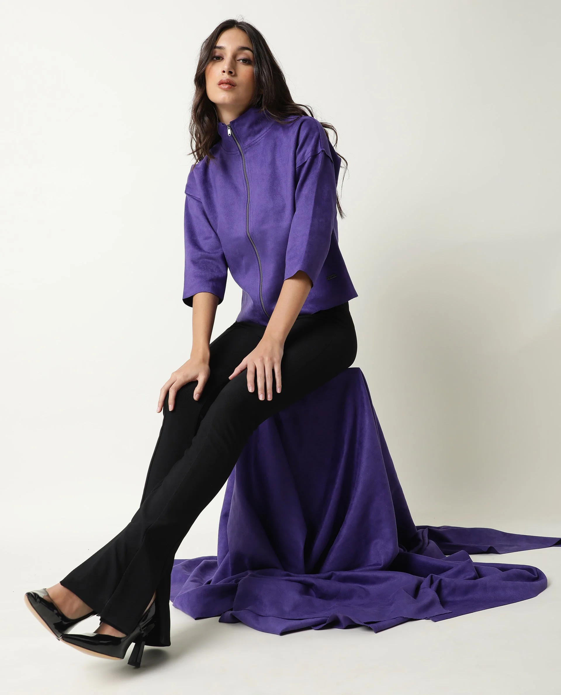 Rareism Women's Vasu Purple Polyester High Neck Plain Regular Fit Jacket - Image 4