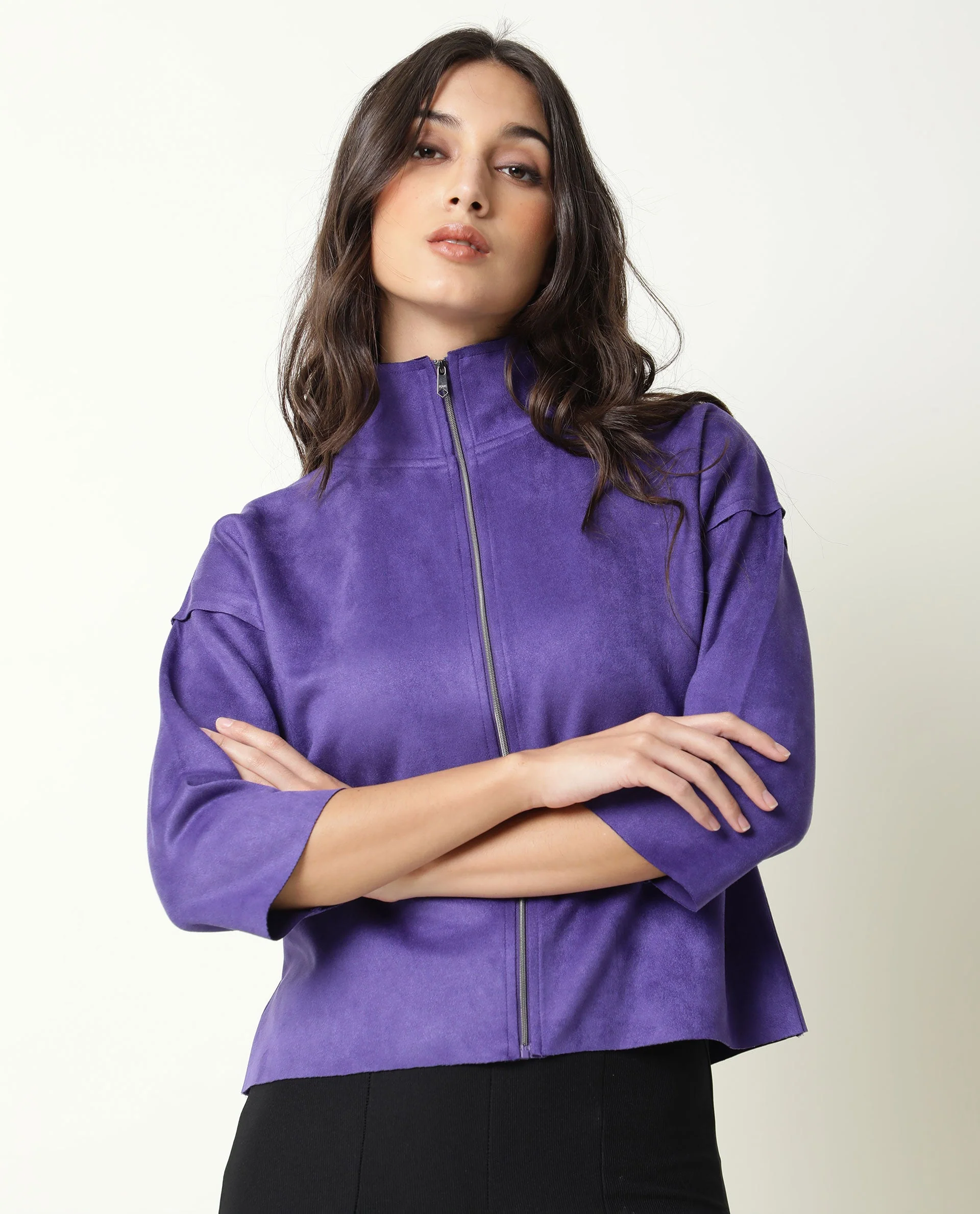 Rareism Women's Vasu Purple Polyester High Neck Plain Regular Fit Jacket - Image 6