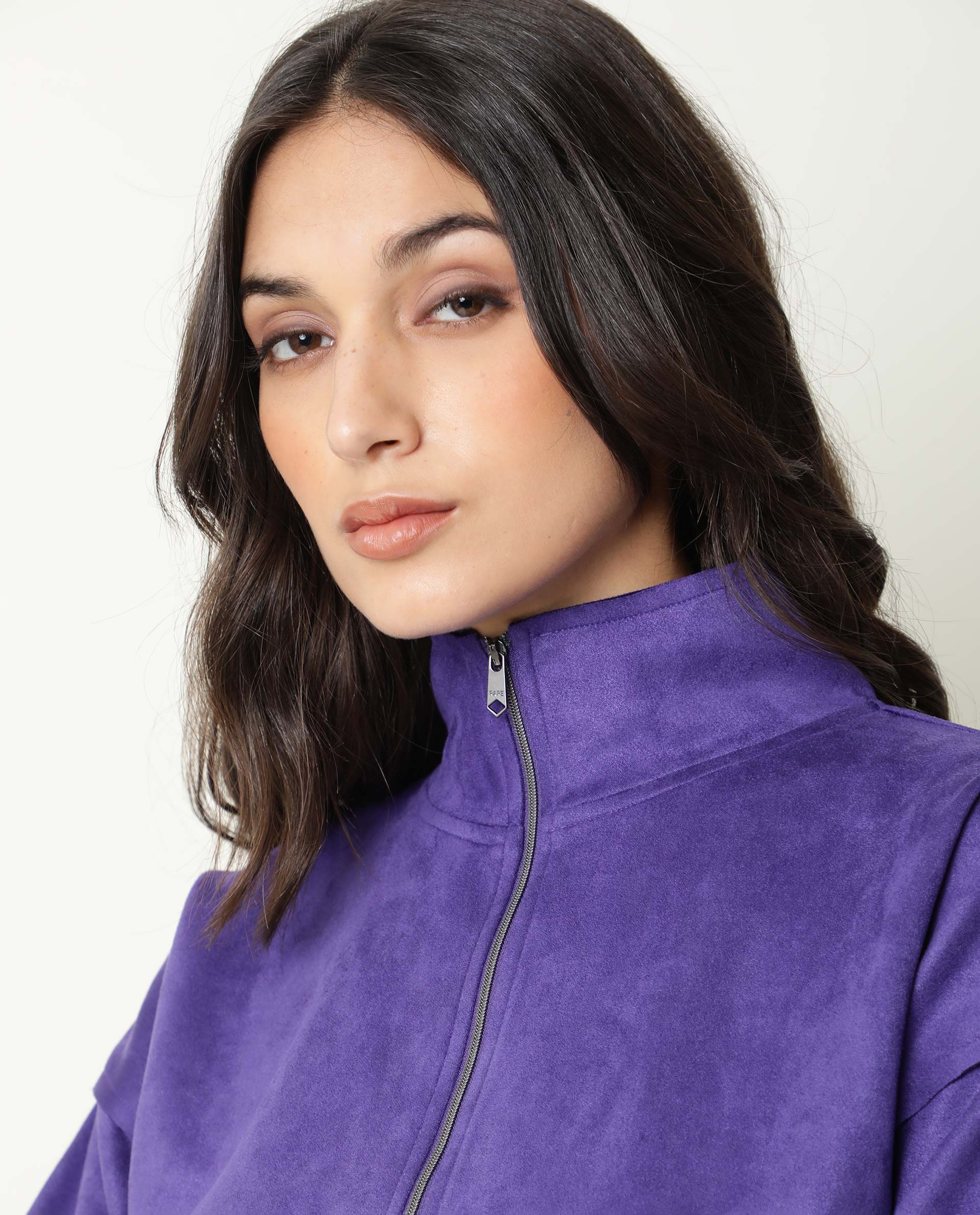 Rareism Women's Vasu Purple Polyester High Neck Plain Regular Fit Jacket - Image 7