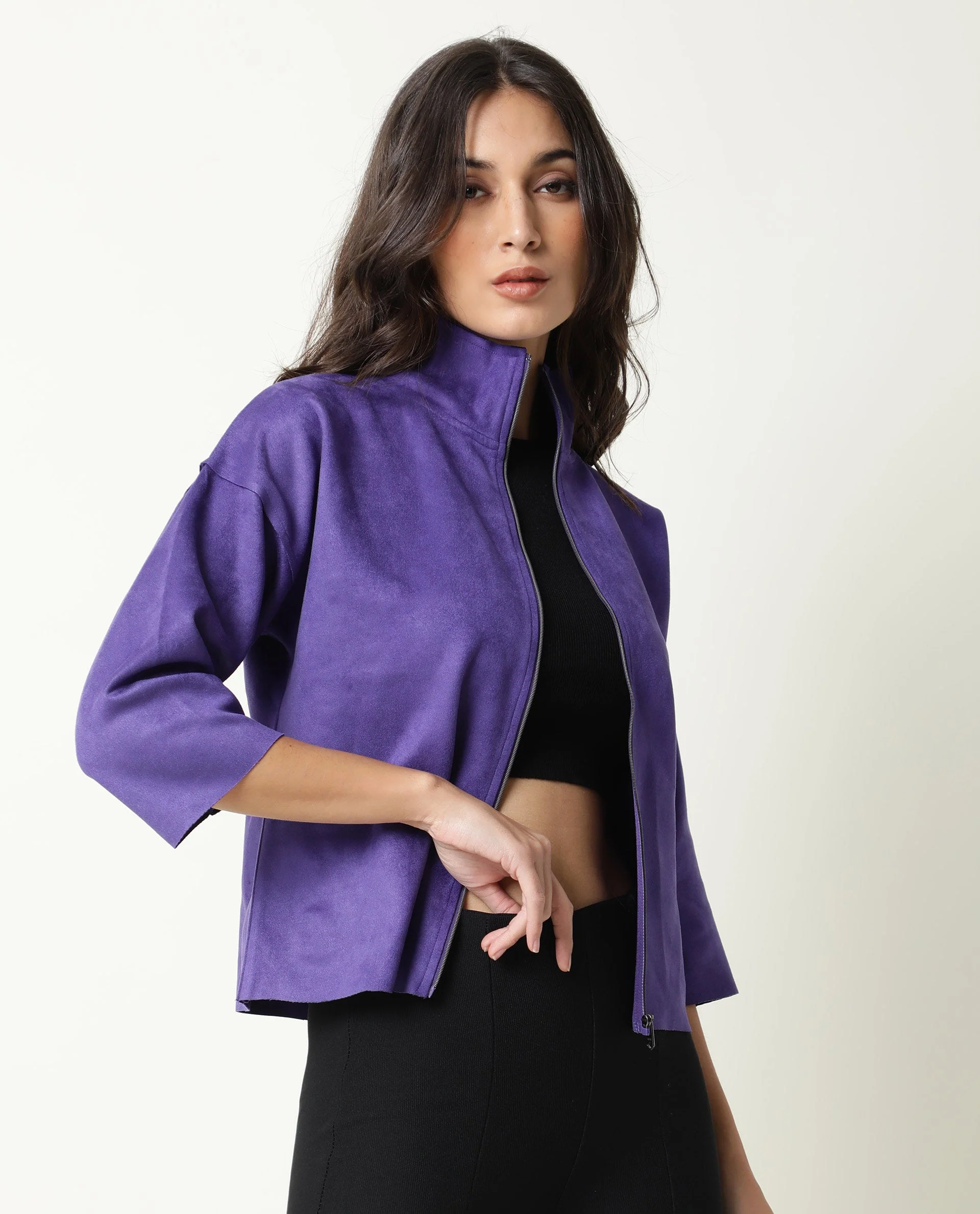 Rareism Women's Vasu Purple Polyester High Neck Plain Regular Fit Jacket - Image 8