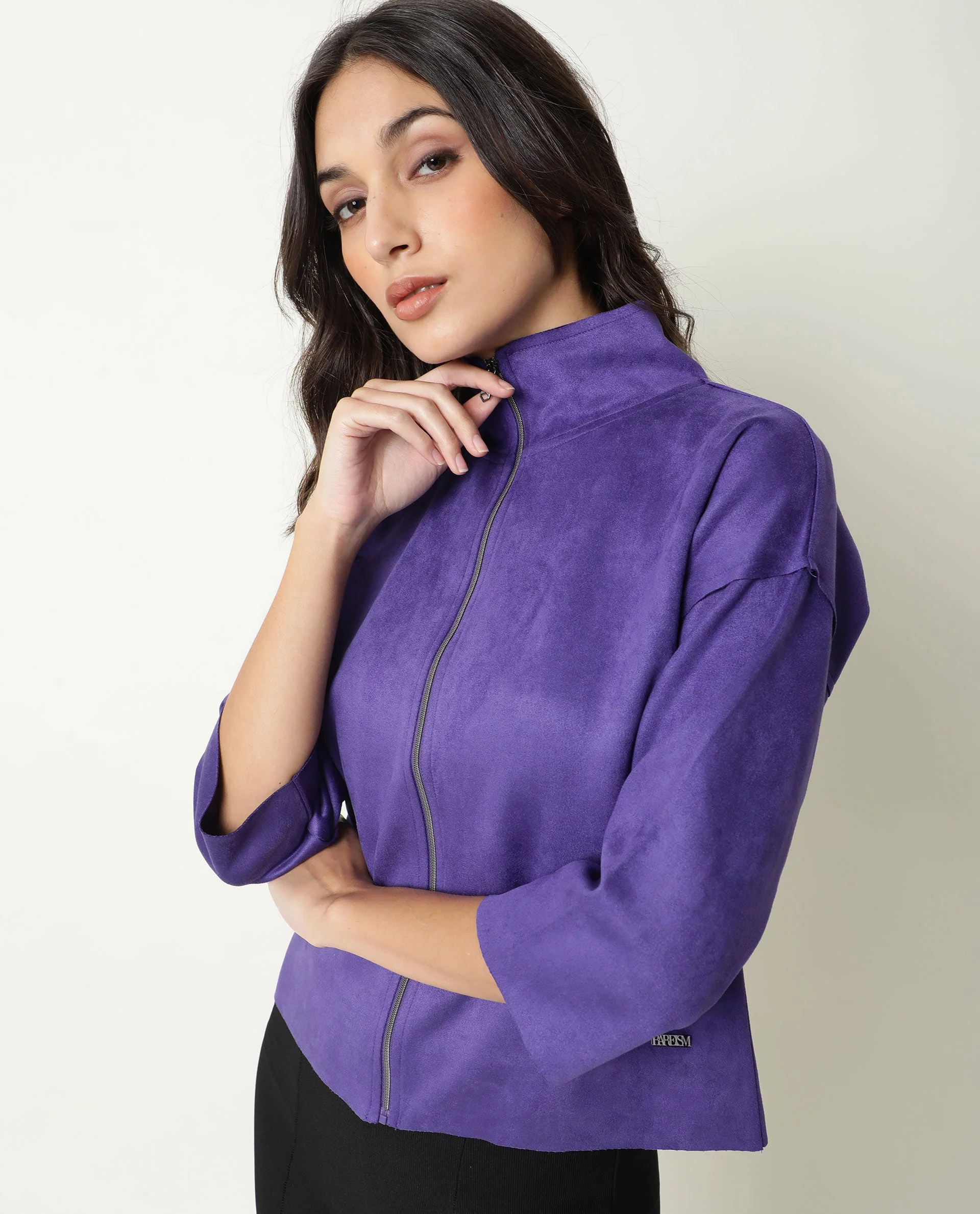 Rareism Women's Vasu Purple Polyester High Neck Plain Regular Fit Jacket - Image 9