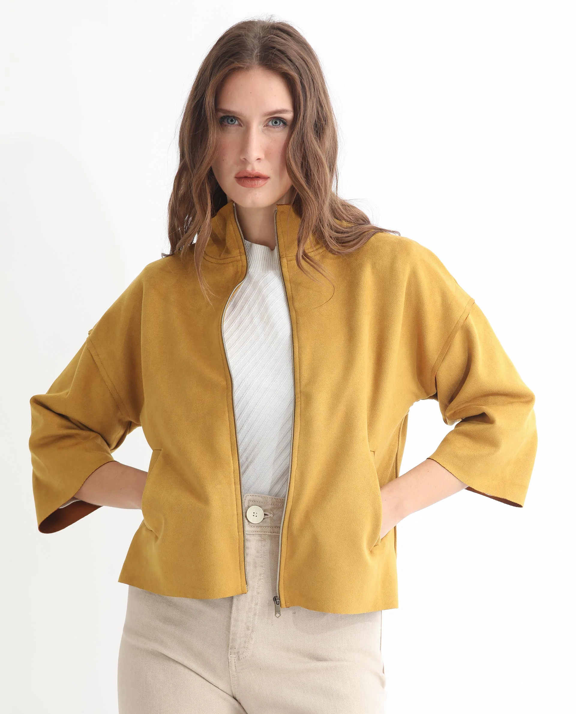 Rareism Women's Vasu 1 Mustard Suede Mandarin Collar Plain Regular Fit Jacket