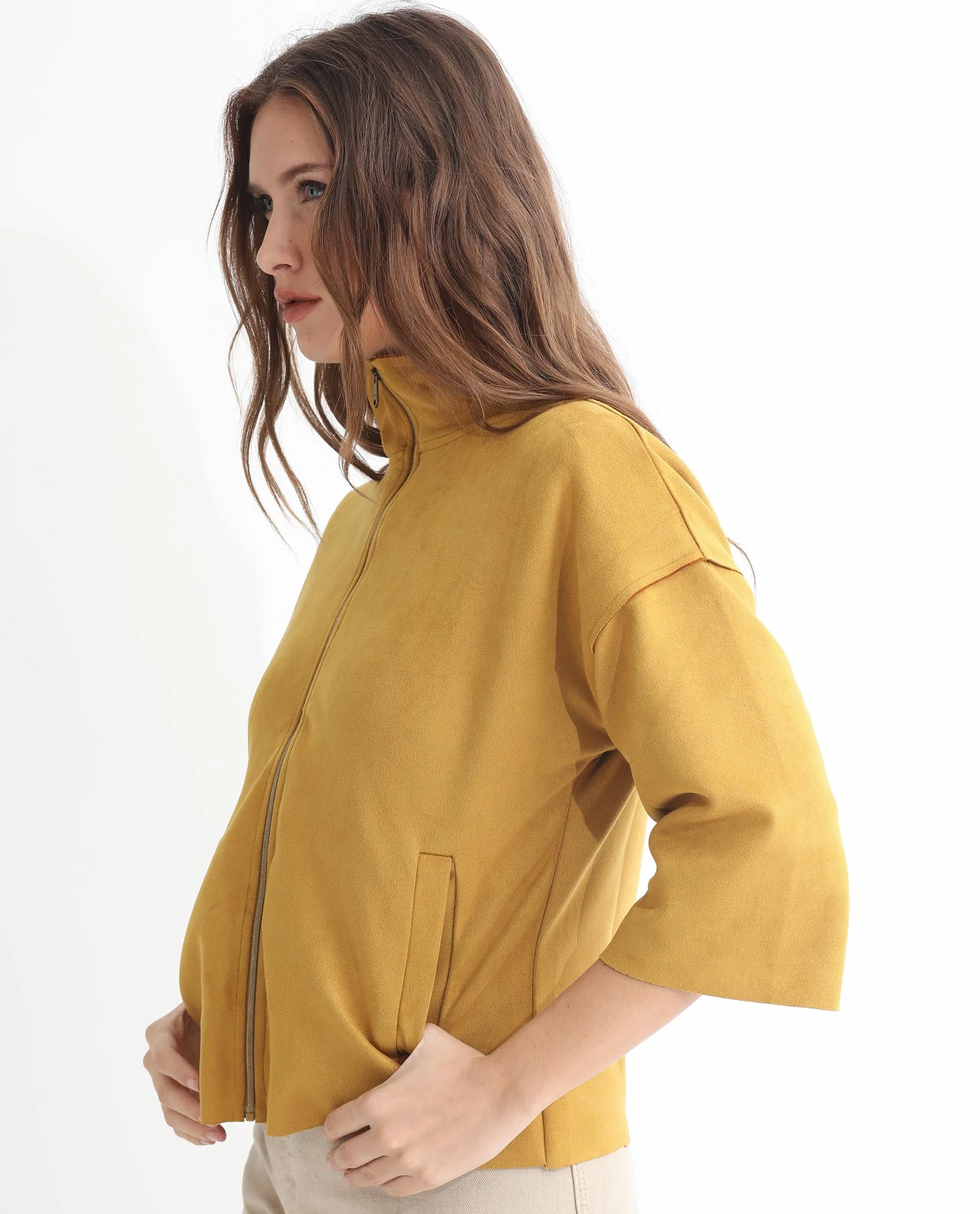 Rareism Women's Vasu 1 Mustard Suede Mandarin Collar Plain Regular Fit Jacket - Image 10