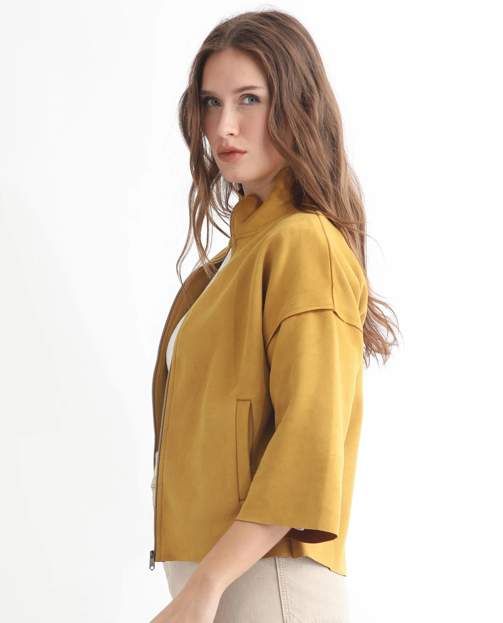 Rareism Women's Vasu 1 Mustard Suede Mandarin Collar Plain Regular Fit Jacket - Image 11