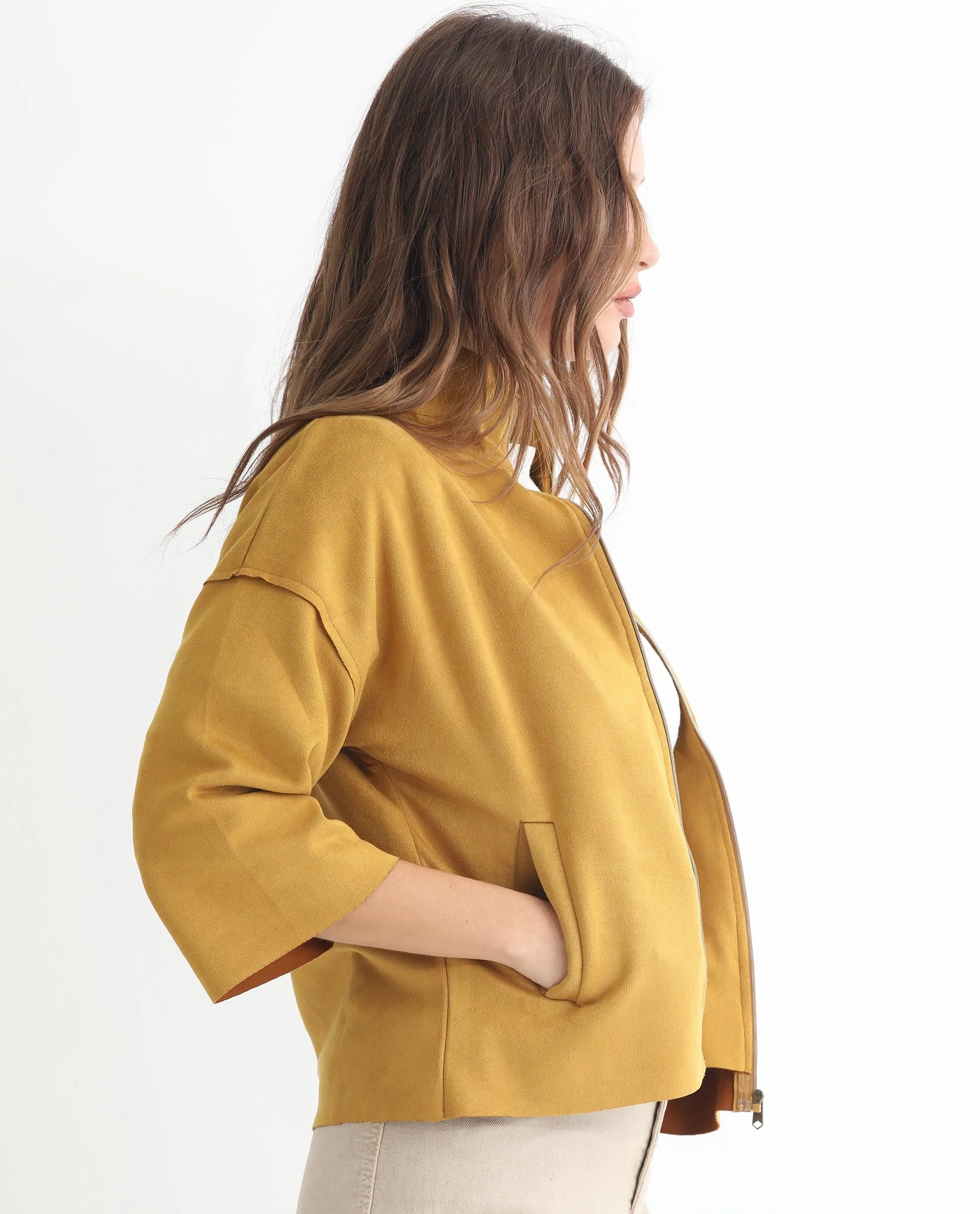 Rareism Women's Vasu 1 Mustard Suede Mandarin Collar Plain Regular Fit Jacket - Image 12