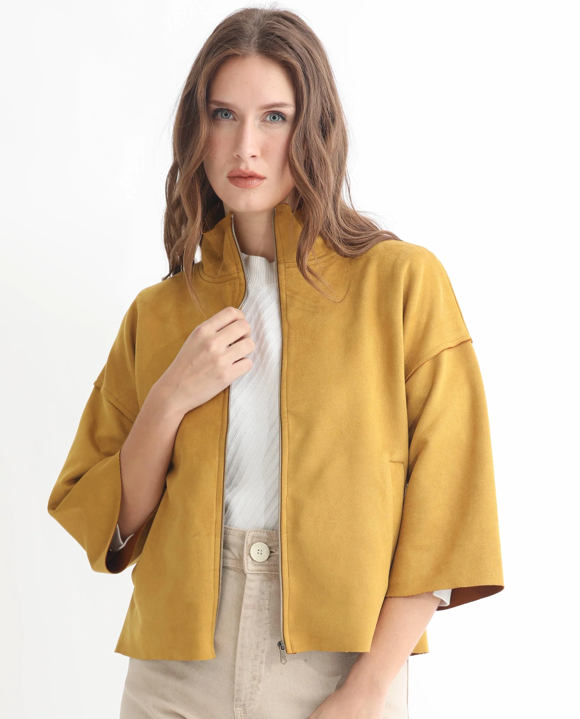 Rareism Women's Vasu 1 Mustard Suede Mandarin Collar Plain Regular Fit Jacket - Image 13