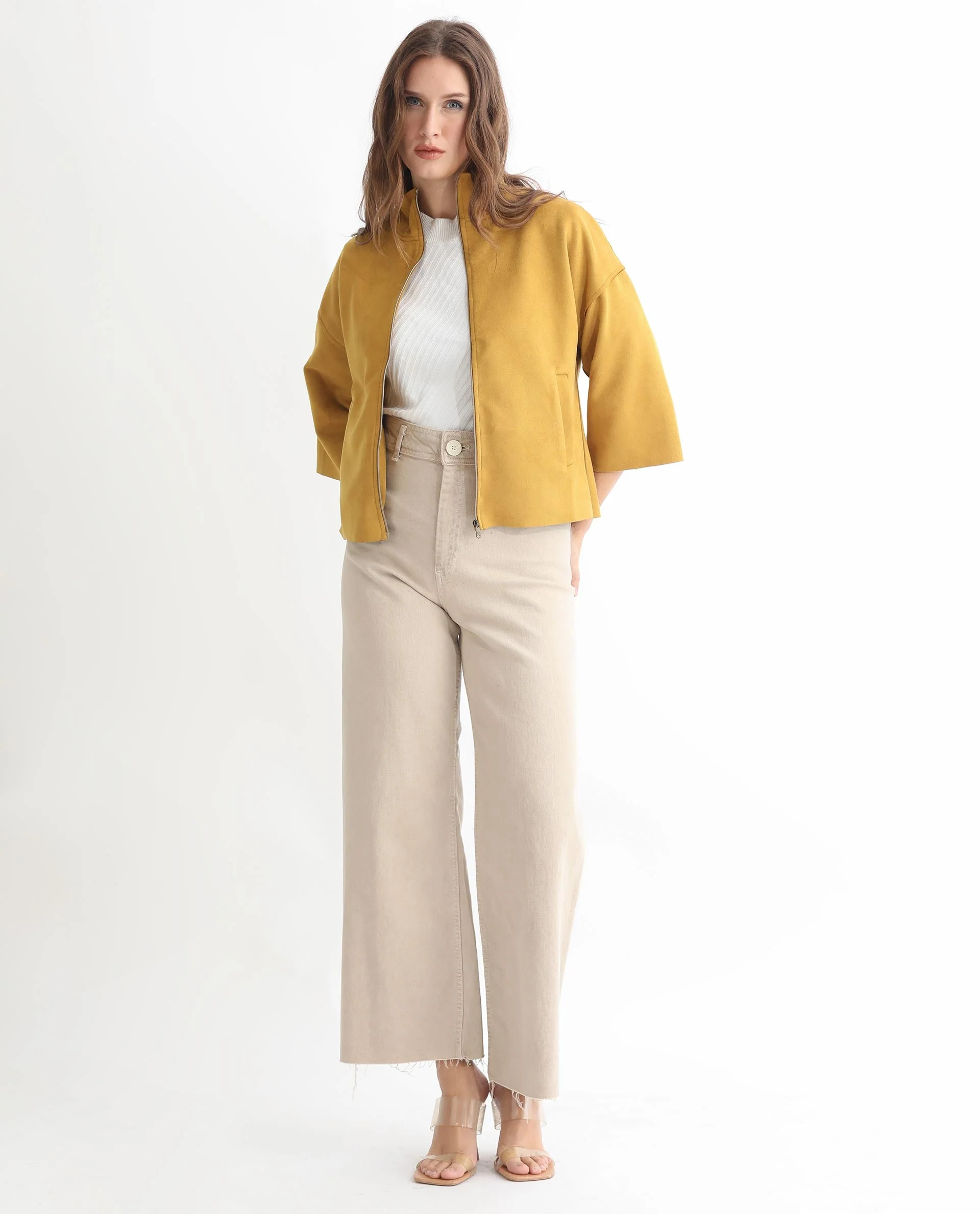 Rareism Women's Vasu 1 Mustard Suede Mandarin Collar Plain Regular Fit Jacket - Image 2