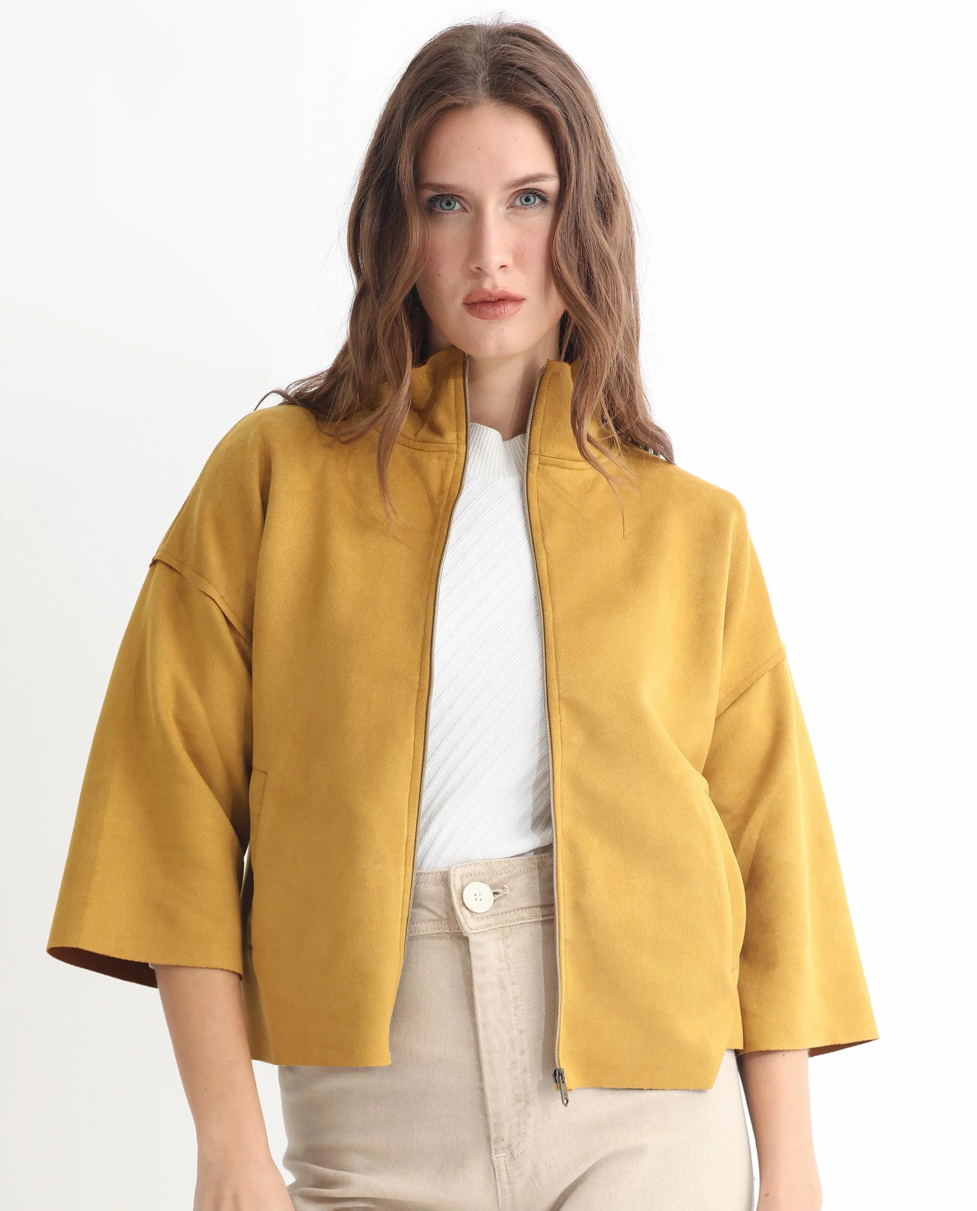 Rareism Women's Vasu 1 Mustard Suede Mandarin Collar Plain Regular Fit Jacket - Image 3
