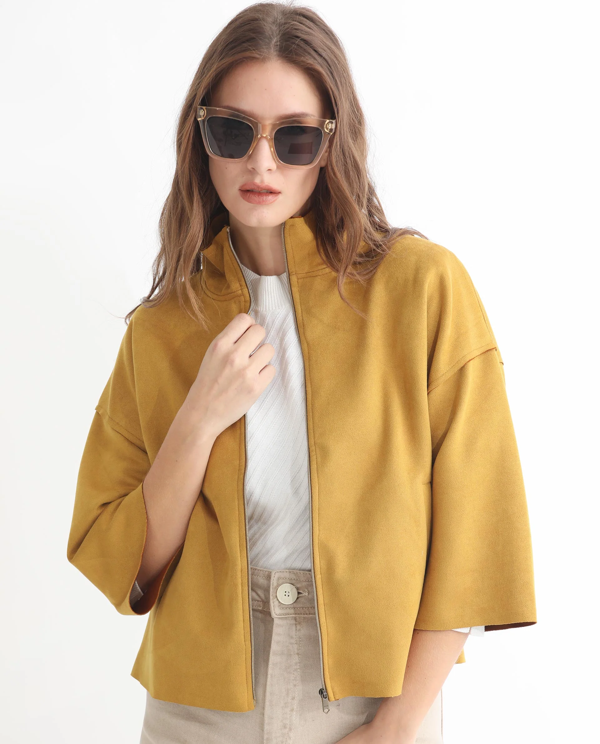 Rareism Women's Vasu 1 Mustard Suede Mandarin Collar Plain Regular Fit Jacket - Image 4