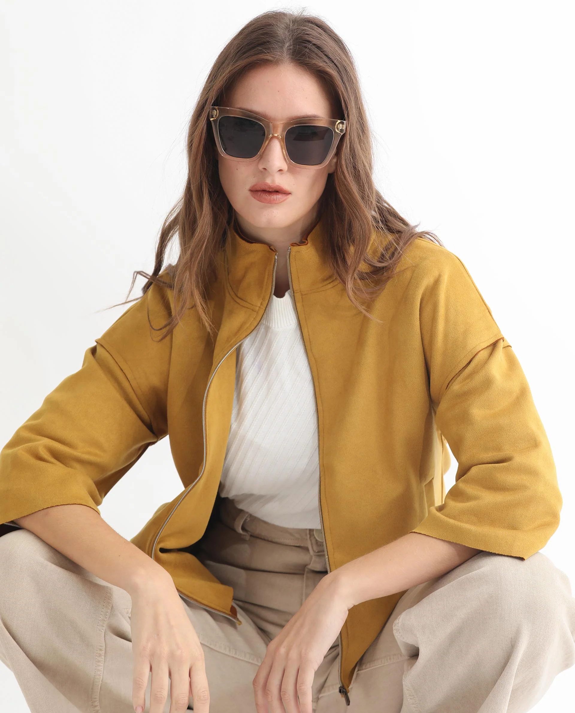 Rareism Women's Vasu 1 Mustard Suede Mandarin Collar Plain Regular Fit Jacket - Image 6