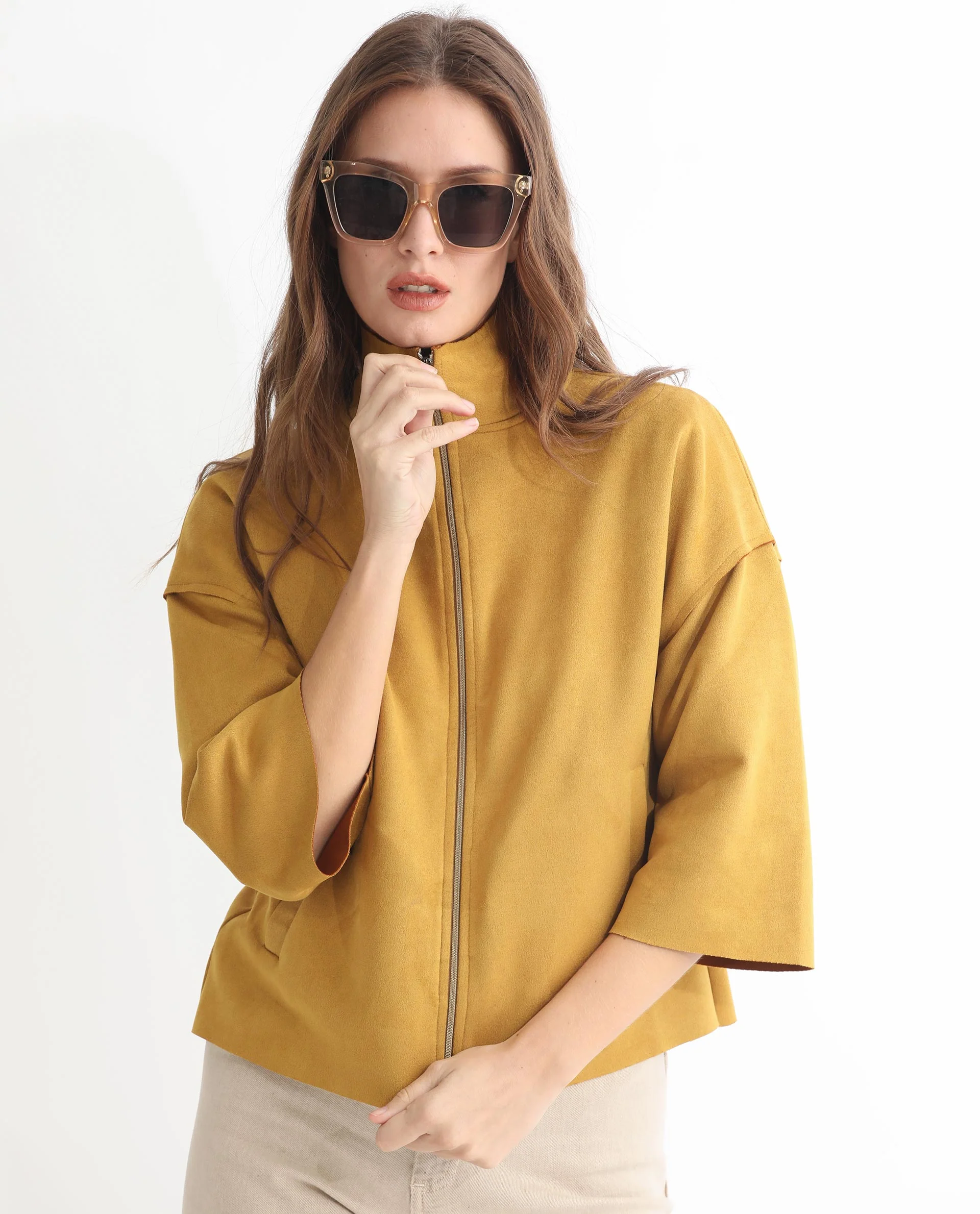 Rareism Women's Vasu 1 Mustard Suede Mandarin Collar Plain Regular Fit Jacket - Image 7