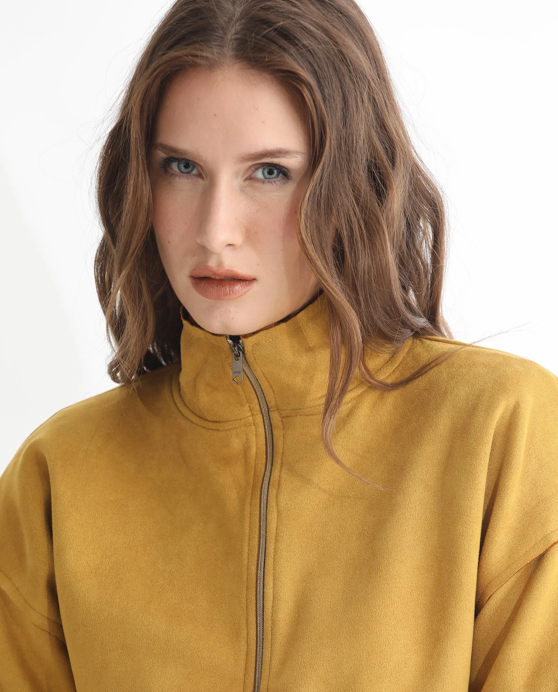 Rareism Women's Vasu 1 Mustard Suede Mandarin Collar Plain Regular Fit Jacket - Image 8