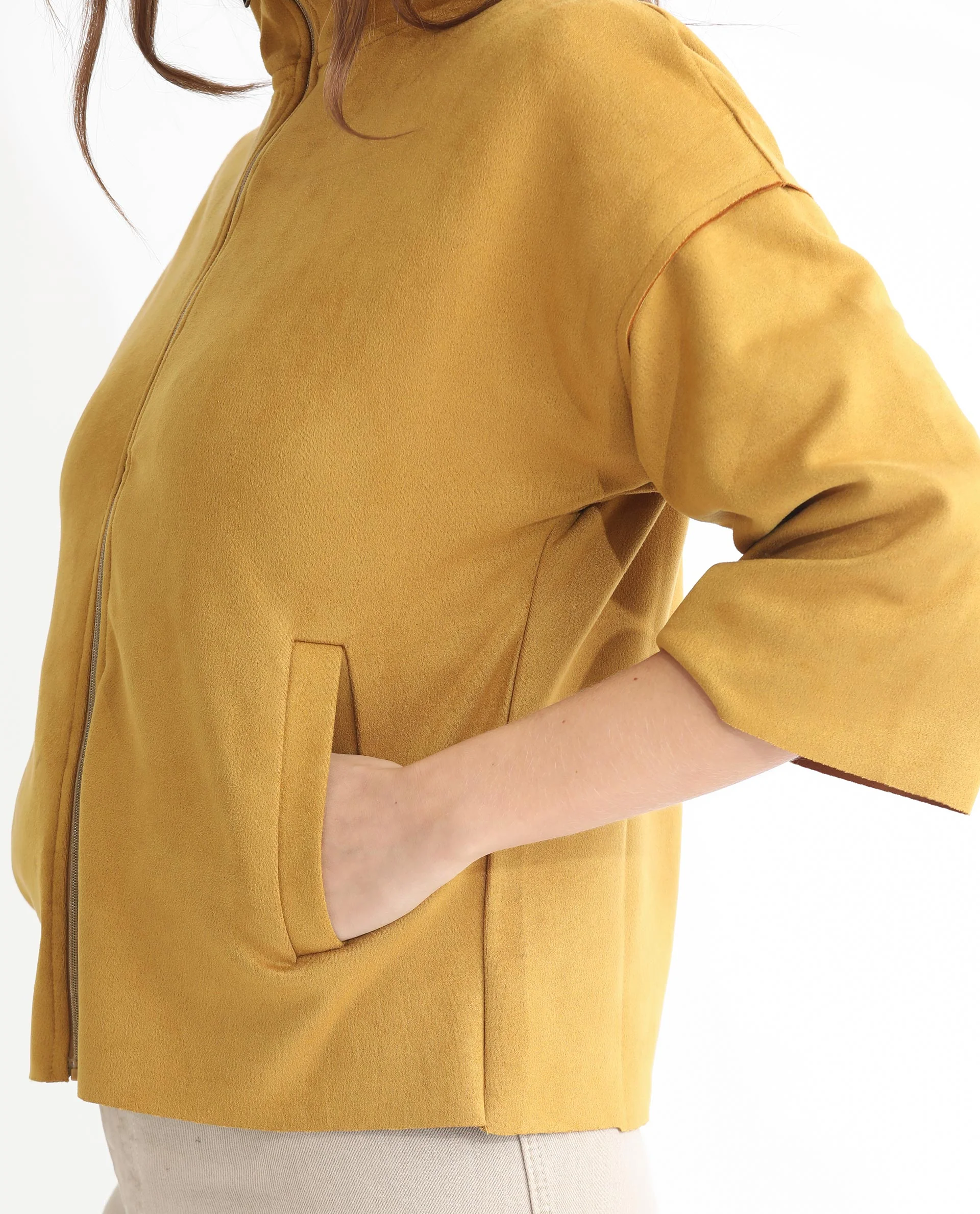 Rareism Women's Vasu 1 Mustard Suede Mandarin Collar Plain Regular Fit Jacket - Image 9