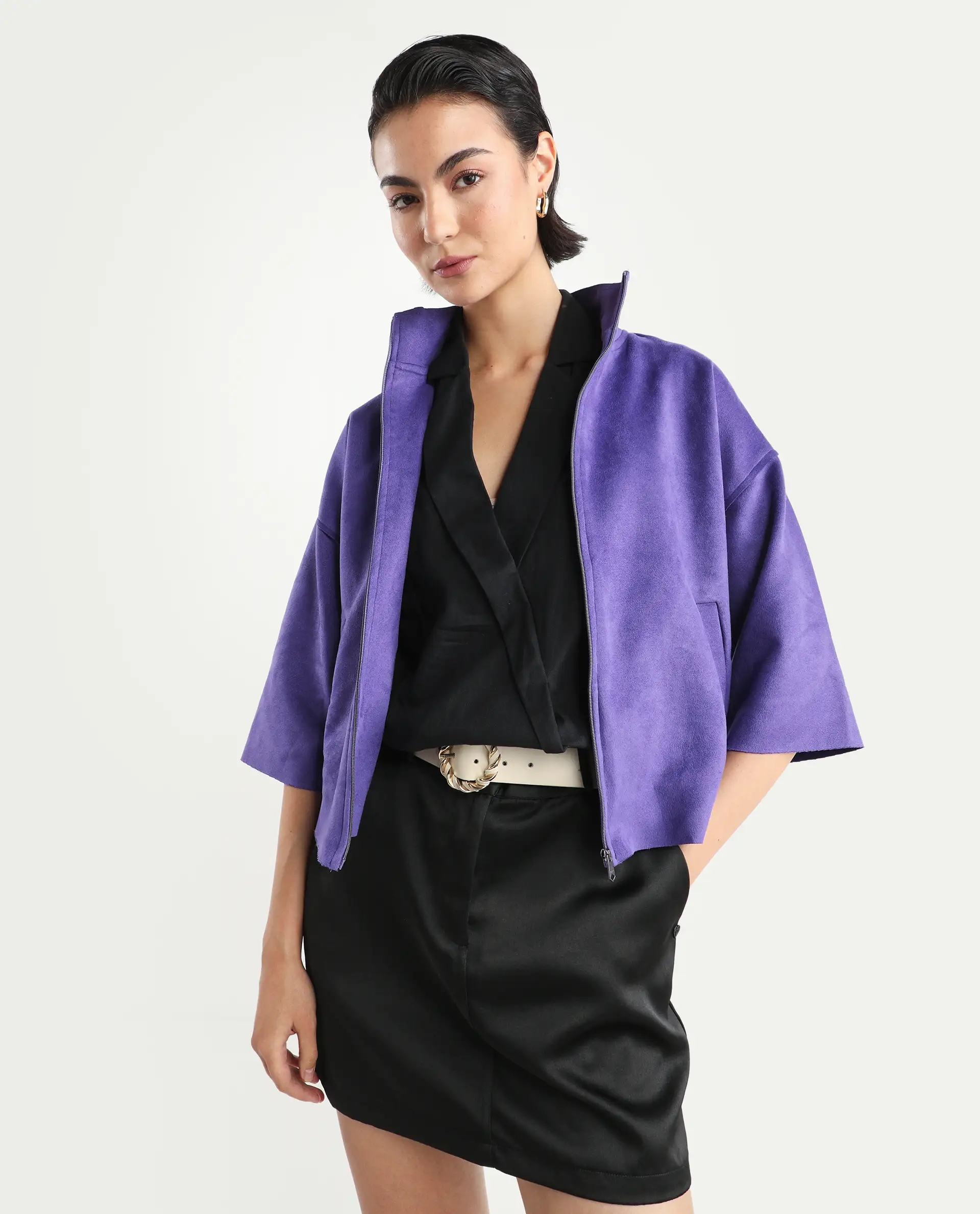 Rareism Women's Vasu 1 Purple Suede Mandarin Collar Plain Regular Fit Jacket - Image 2