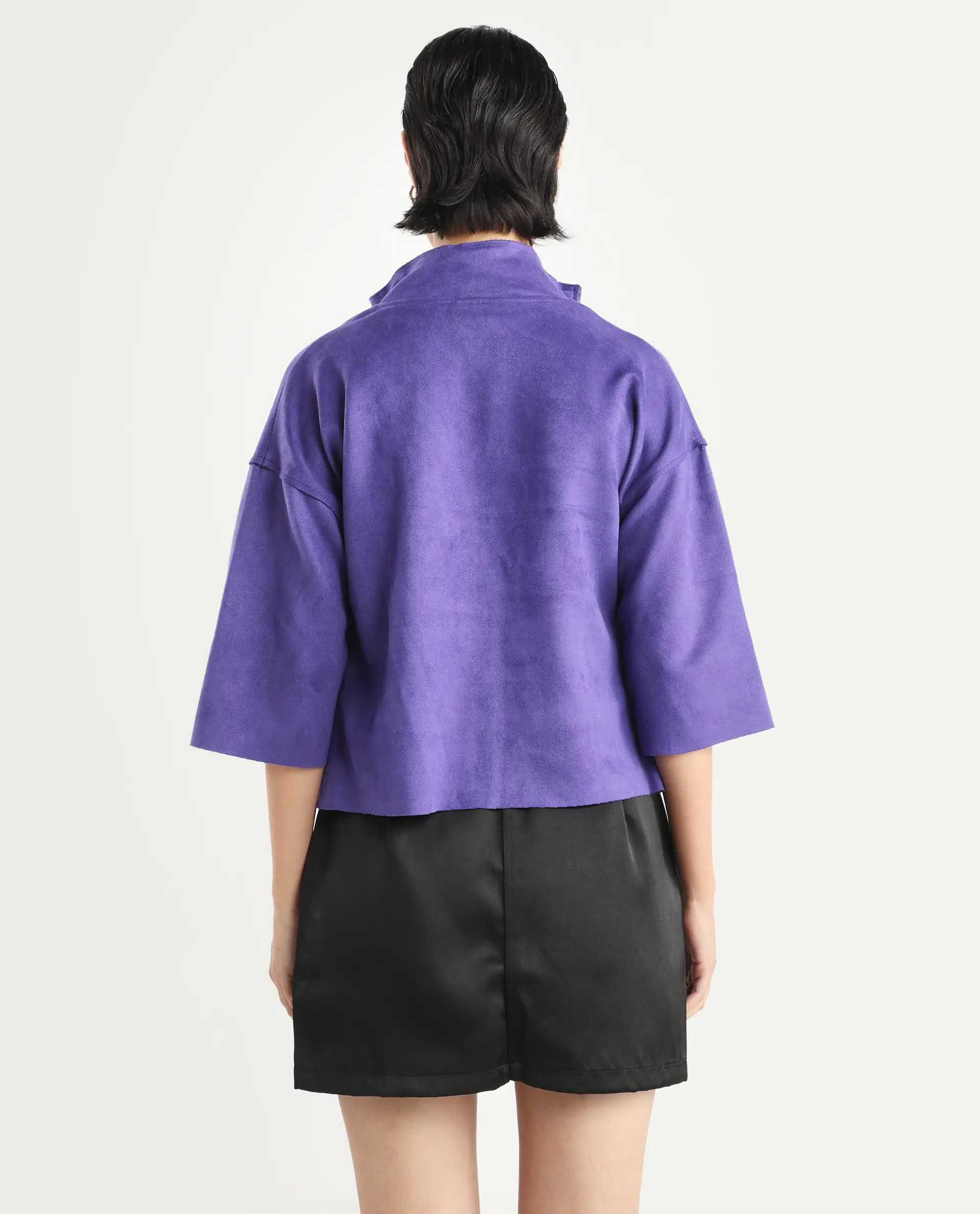 Rareism Women's Vasu 1 Purple Suede Mandarin Collar Plain Regular Fit Jacket - Image 3