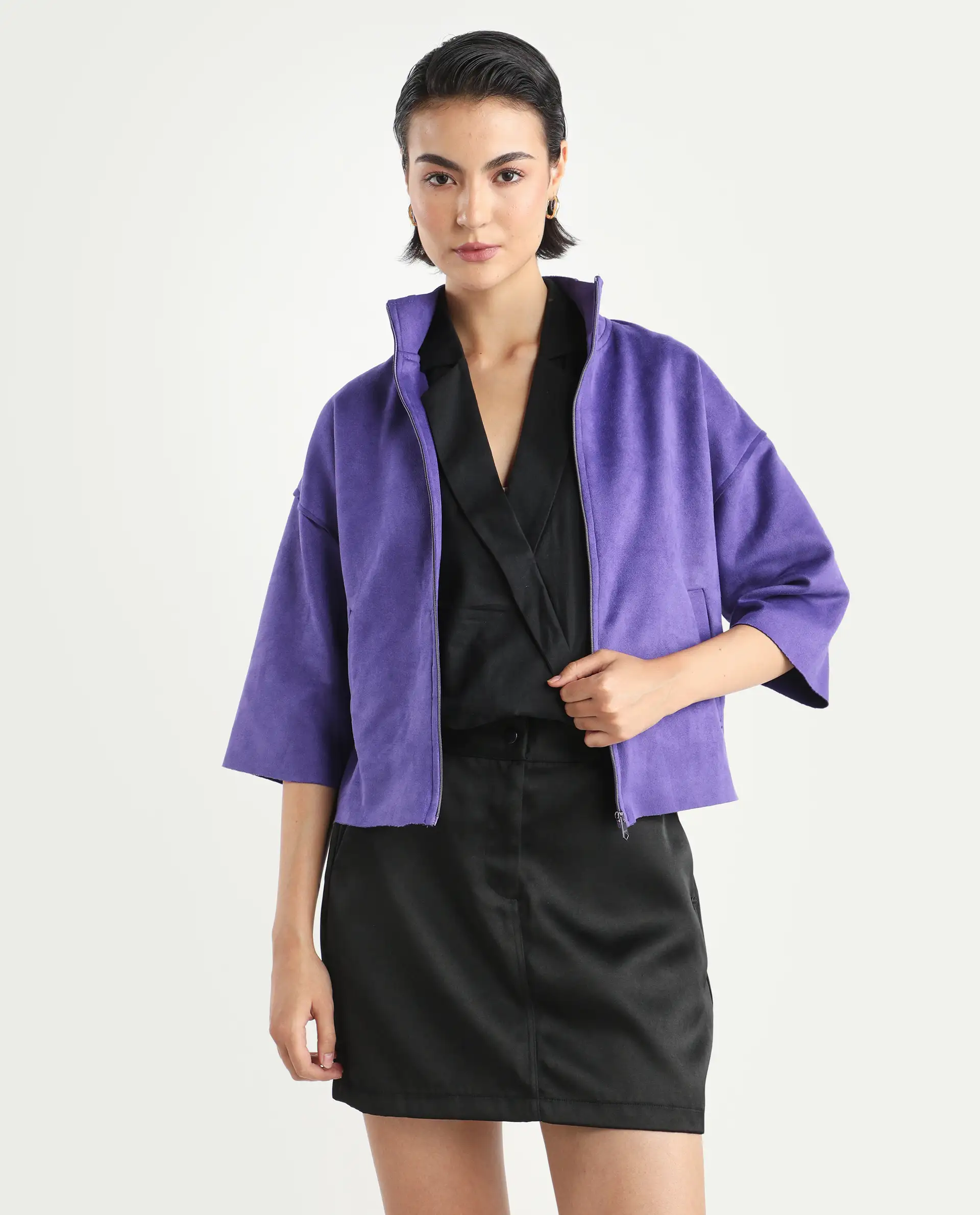 Rareism Women's Vasu 1 Purple Suede Mandarin Collar Plain Regular Fit Jacket - Image 4