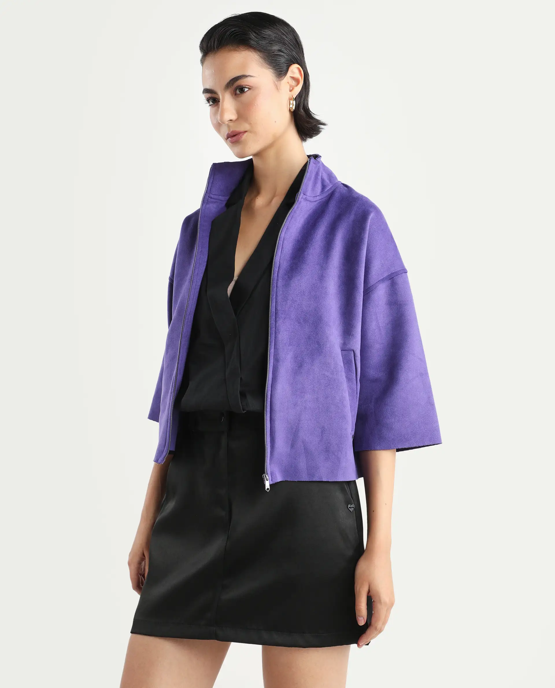 Rareism Women's Vasu 1 Purple Suede Mandarin Collar Plain Regular Fit Jacket - Image 5