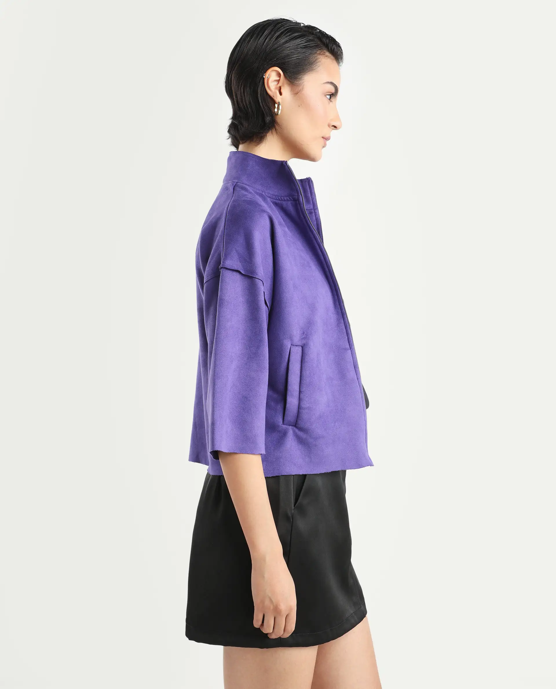Rareism Women's Vasu 1 Purple Suede Mandarin Collar Plain Regular Fit Jacket - Image 6