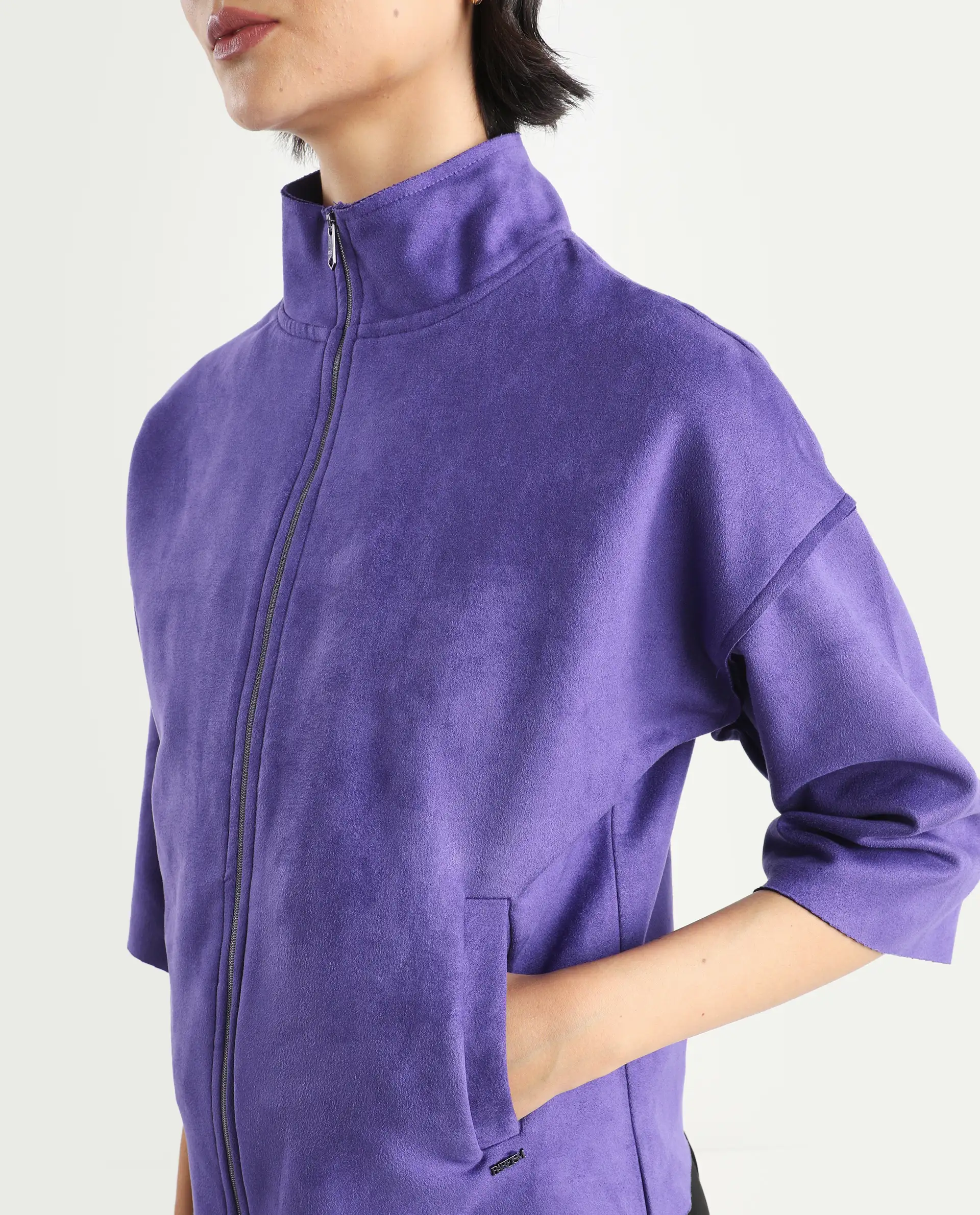 Rareism Women's Vasu 1 Purple Suede Mandarin Collar Plain Regular Fit Jacket - Image 7