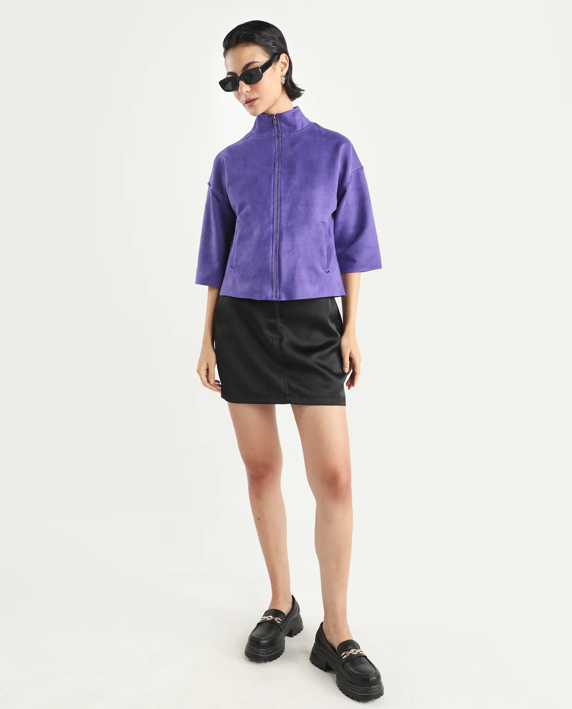 Rareism Women's Vasu 1 Purple Suede Mandarin Collar Plain Regular Fit Jacket - Image 8