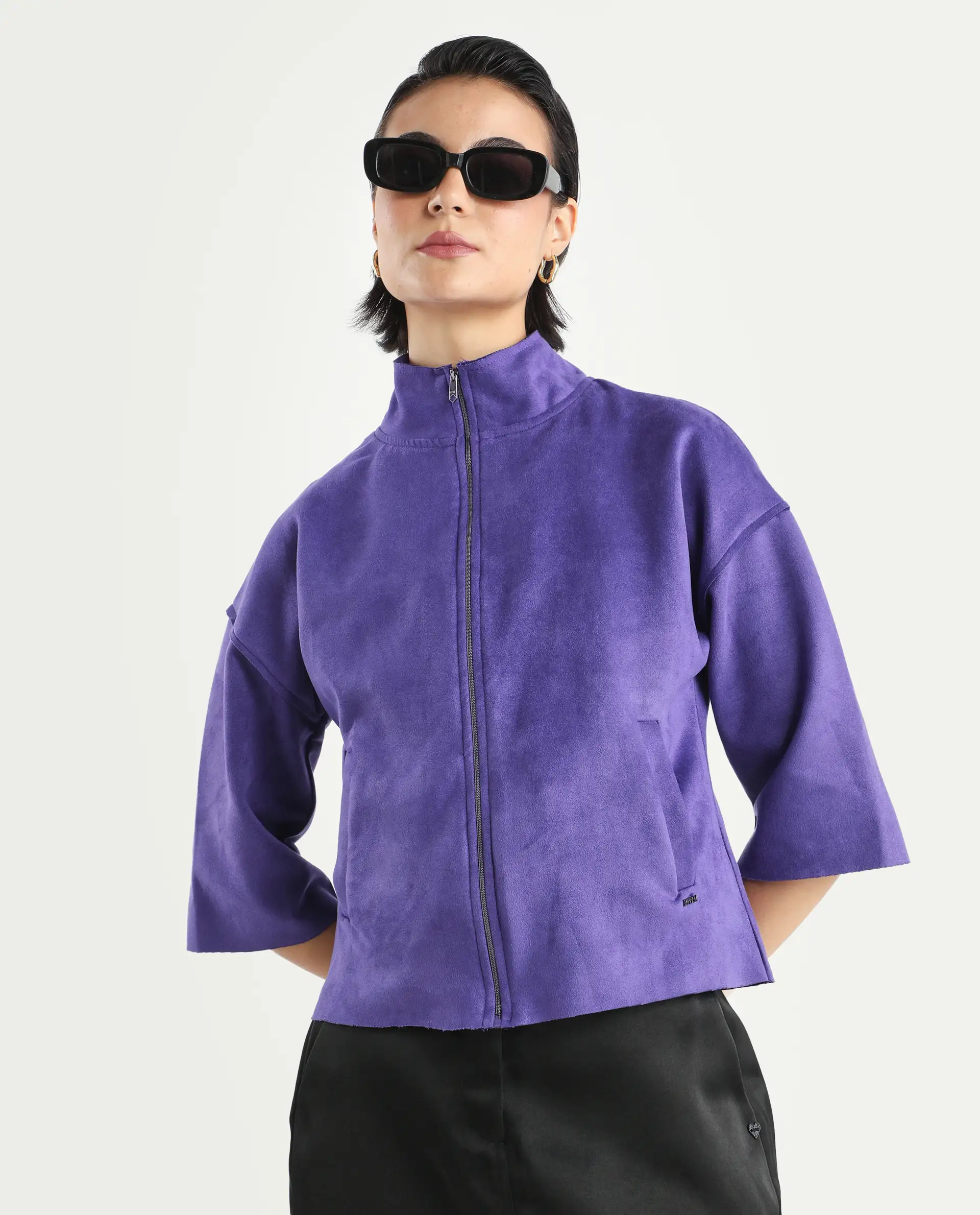 Rareism Women's Vasu 1 Purple Suede Mandarin Collar Plain Regular Fit Jacket - Image 9