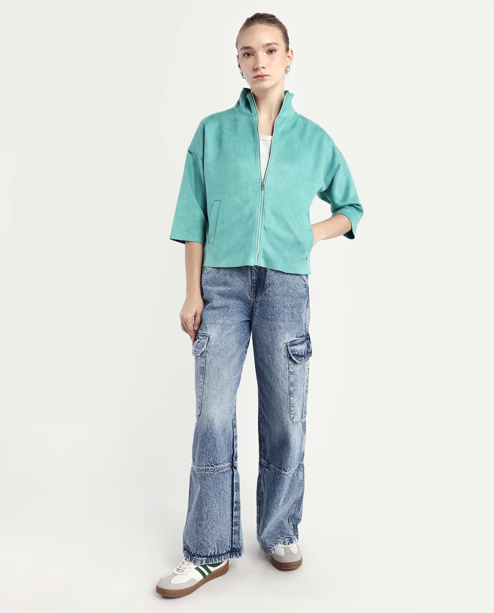 Rareism Women's Vasu 2 Light Blue Suede Stand Collar Plain Boxy Fit Jacket - Image 2