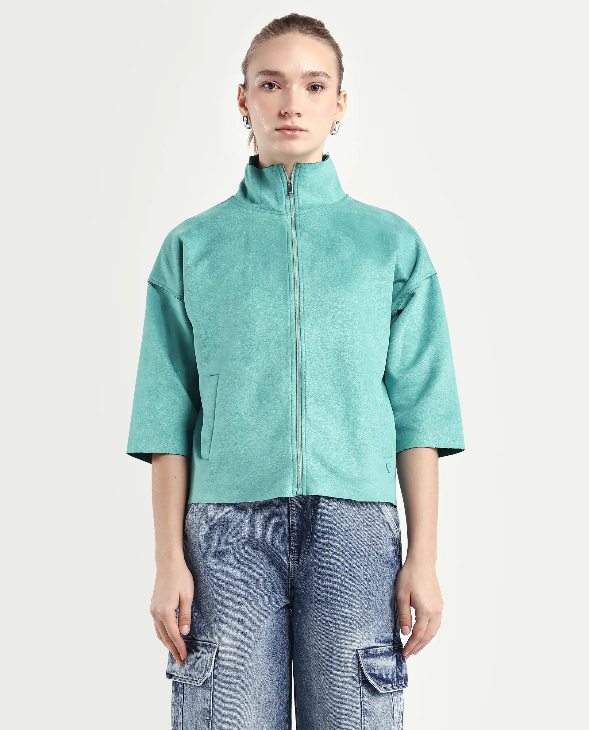 Rareism Women's Vasu 2 Light Blue Suede Stand Collar Plain Boxy Fit Jacket - Image 3