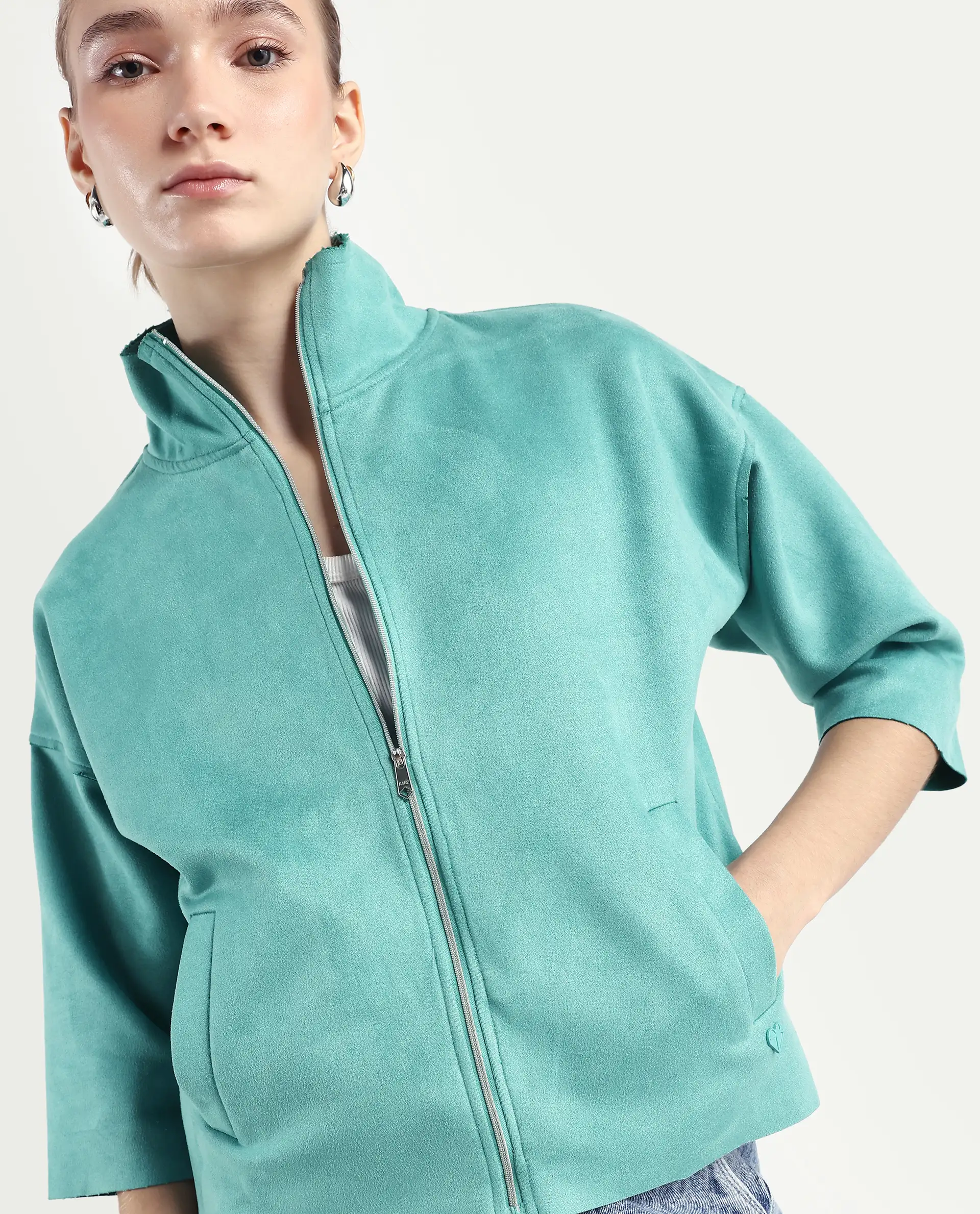Rareism Women's Vasu 2 Light Blue Suede Stand Collar Plain Boxy Fit Jacket - Image 4