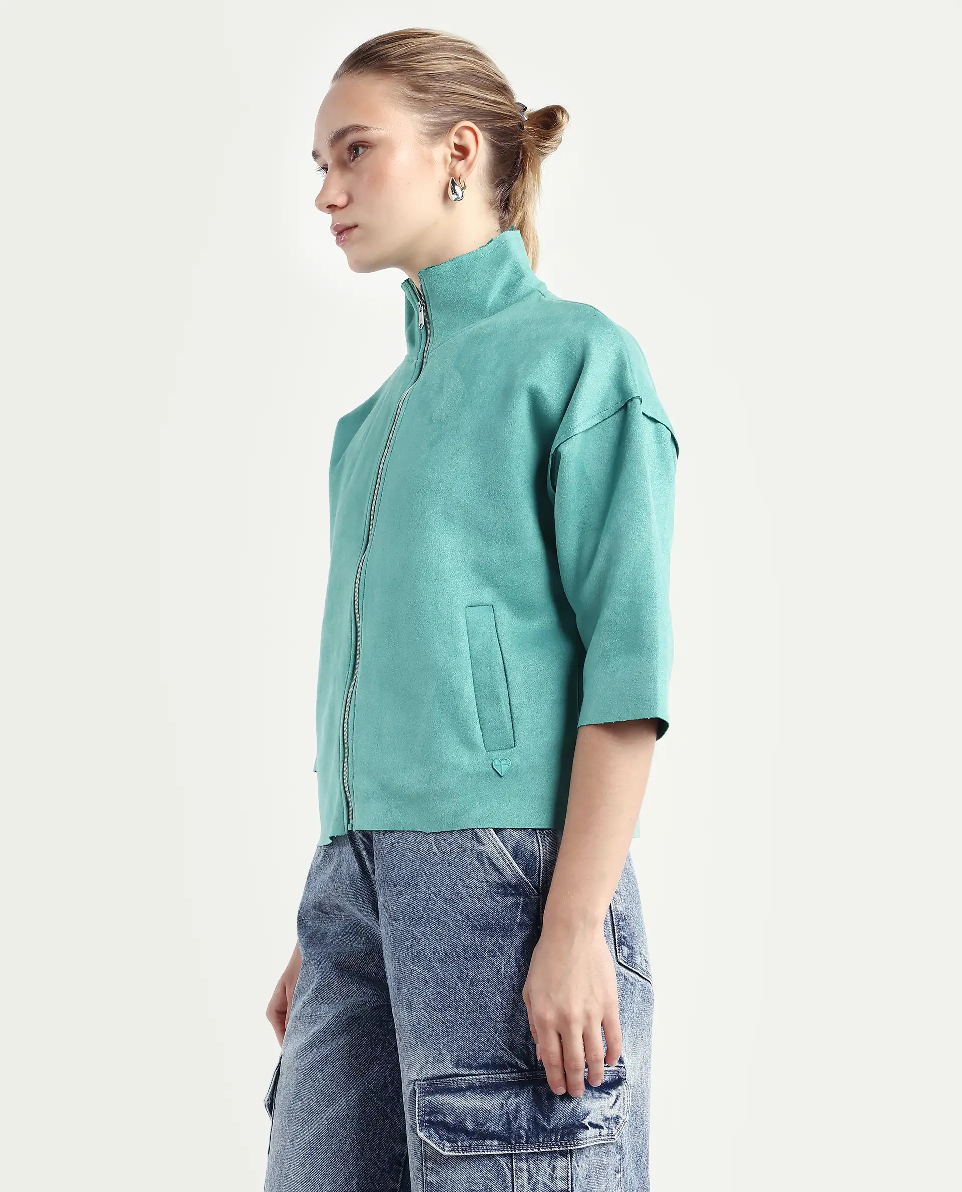 Rareism Women's Vasu 2 Light Blue Suede Stand Collar Plain Boxy Fit Jacket - Image 5