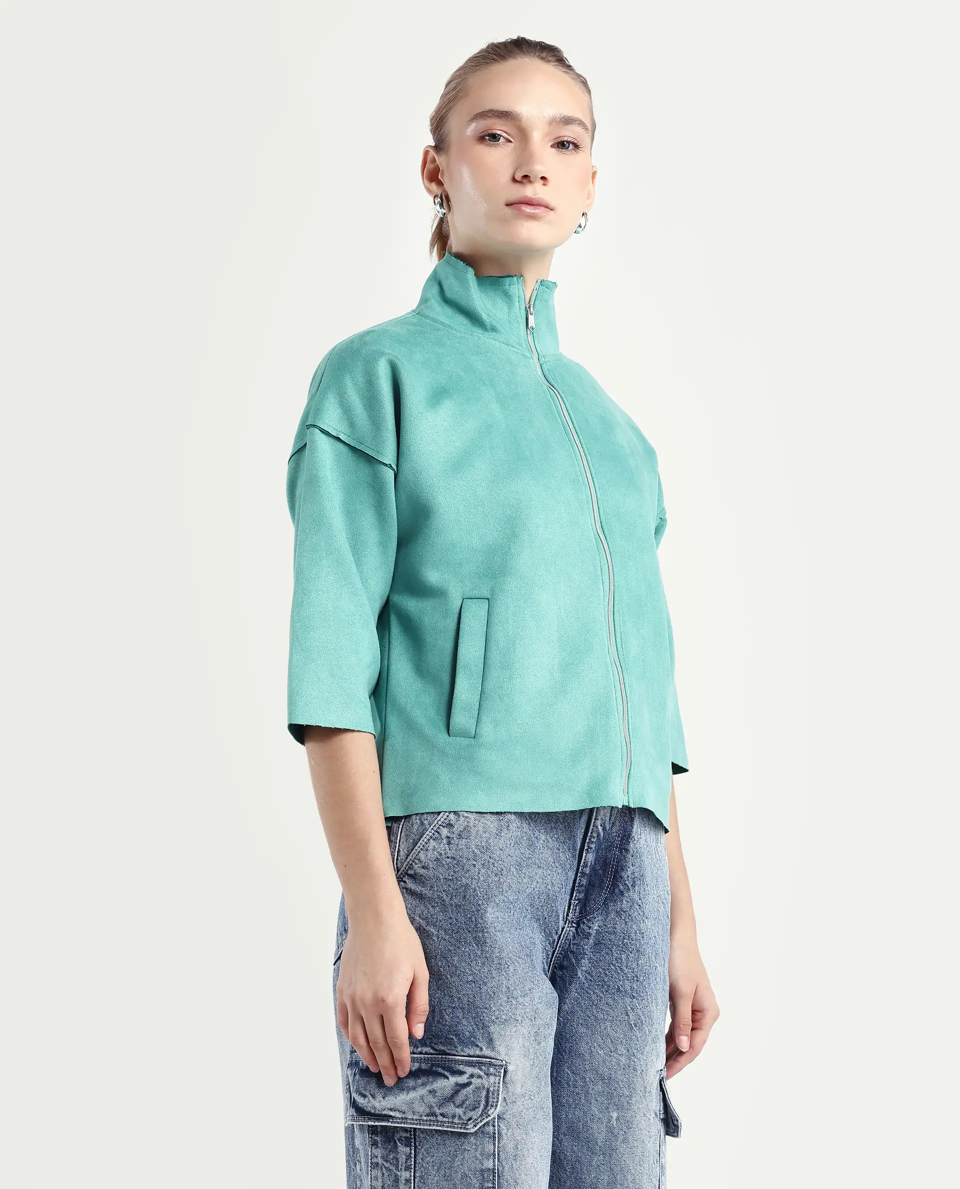 Rareism Women's Vasu 2 Light Blue Suede Stand Collar Plain Boxy Fit Jacket - Image 6