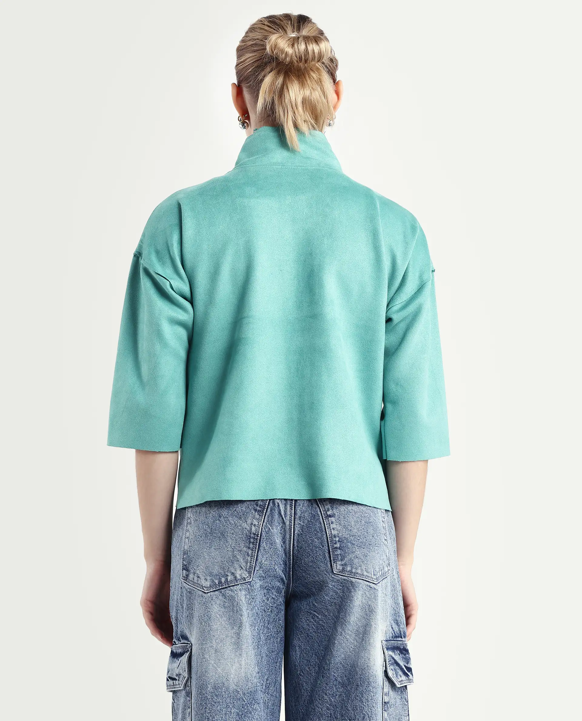 Rareism Women's Vasu 2 Light Blue Suede Stand Collar Plain Boxy Fit Jacket - Image 7