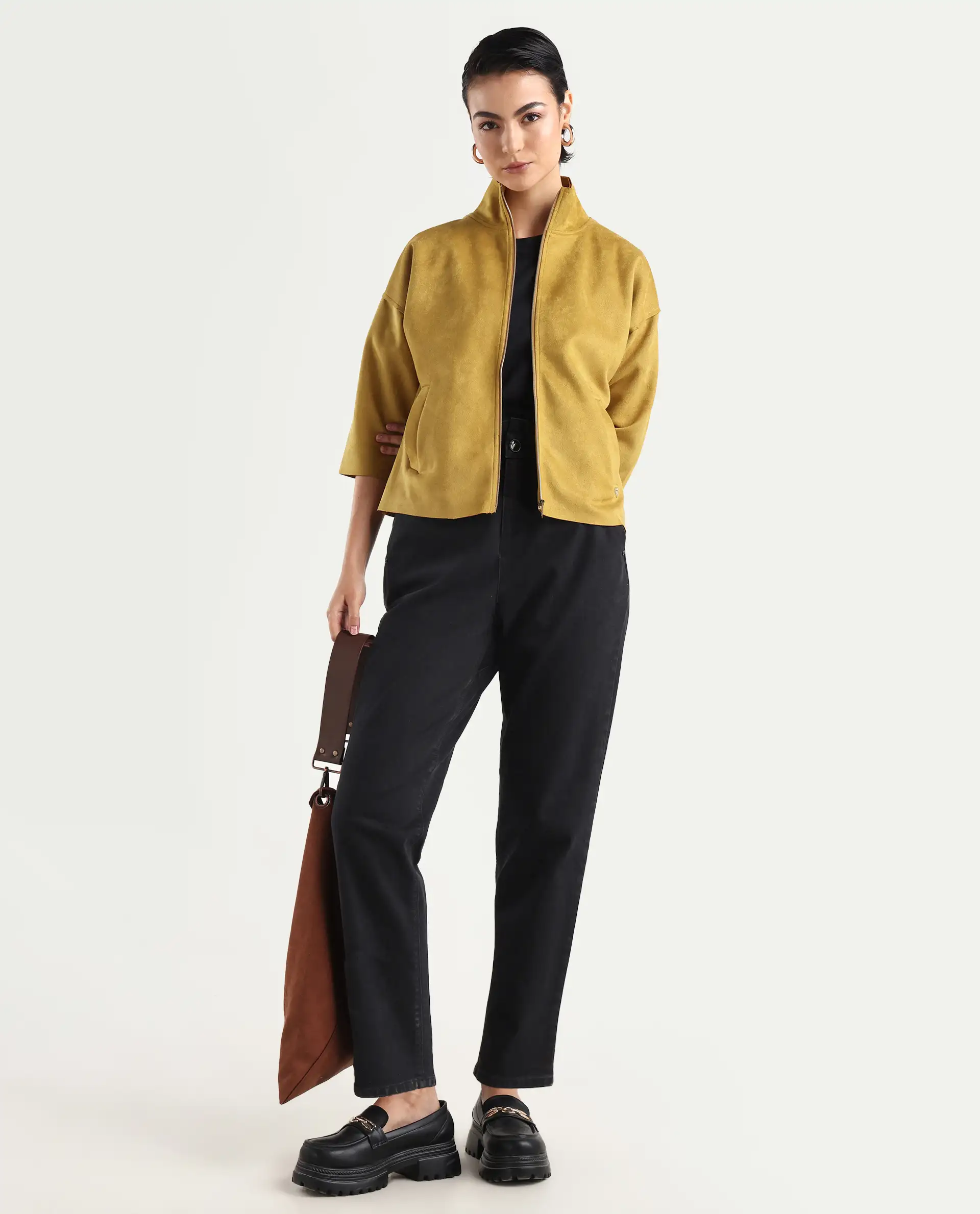 Rareism Women's Vasu 2 Mustard Suede Stand Collar Plain Boxy Fit Jacket - Image 2