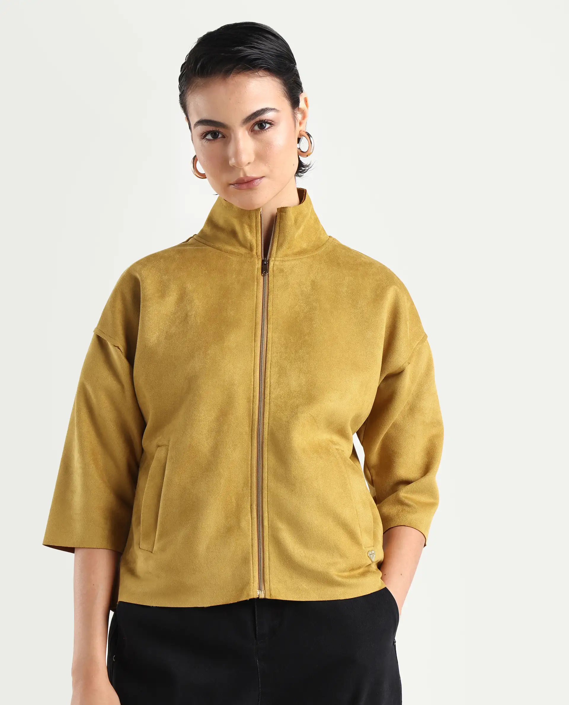 Rareism Women's Vasu 2 Mustard Suede Stand Collar Plain Boxy Fit Jacket - Image 3