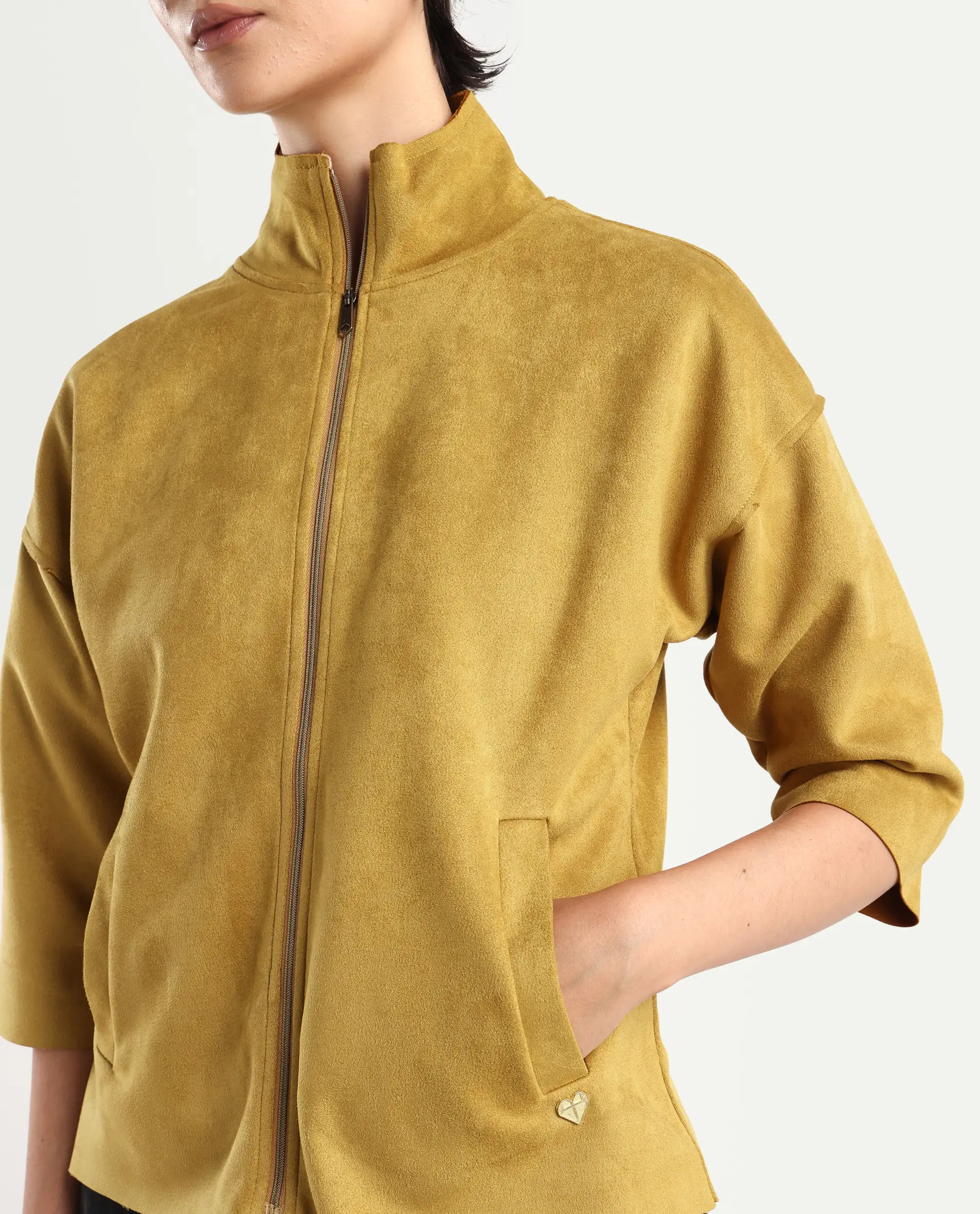 Rareism Women's Vasu 2 Mustard Suede Stand Collar Plain Boxy Fit Jacket - Image 4