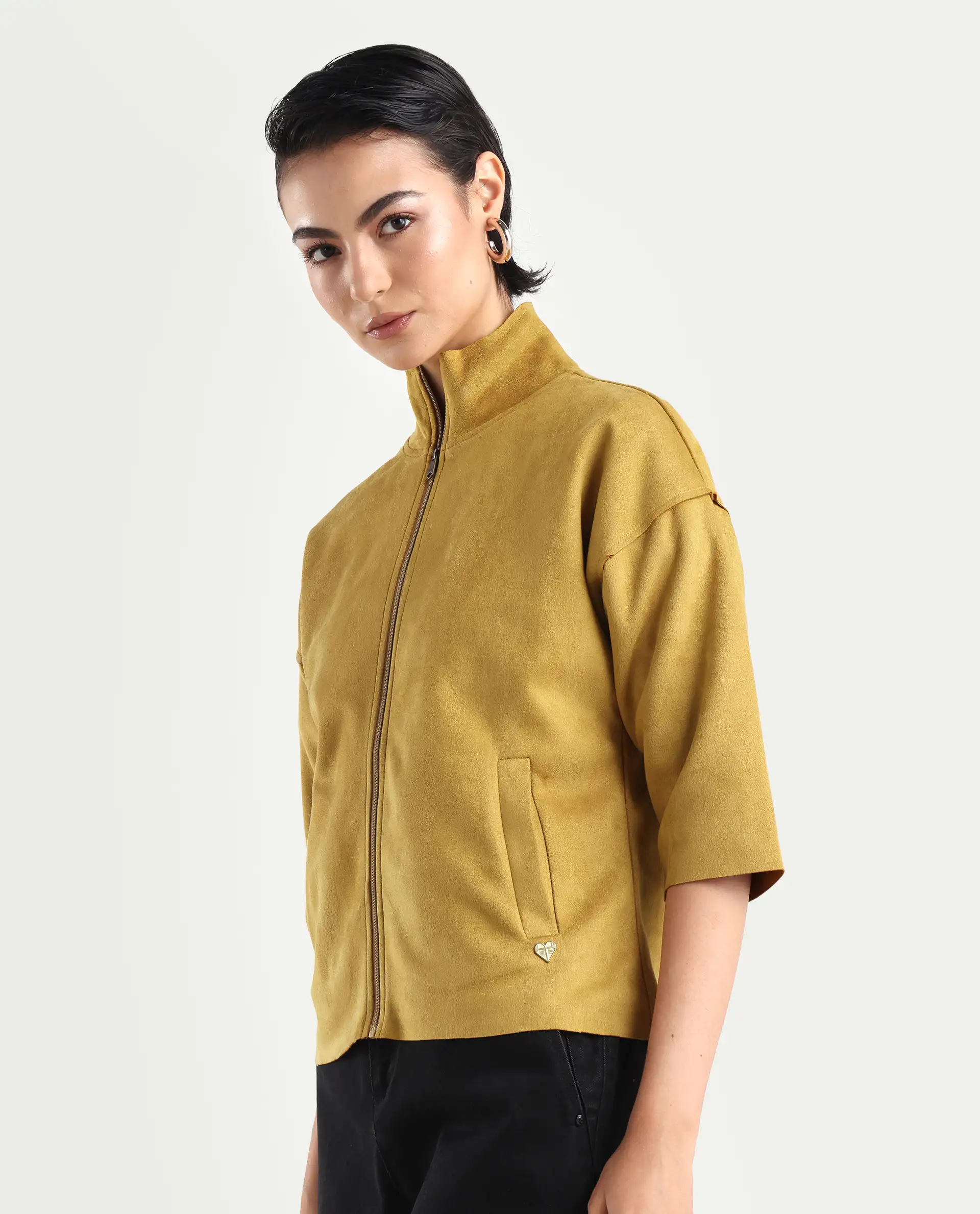 Rareism Women's Vasu 2 Mustard Suede Stand Collar Plain Boxy Fit Jacket - Image 5