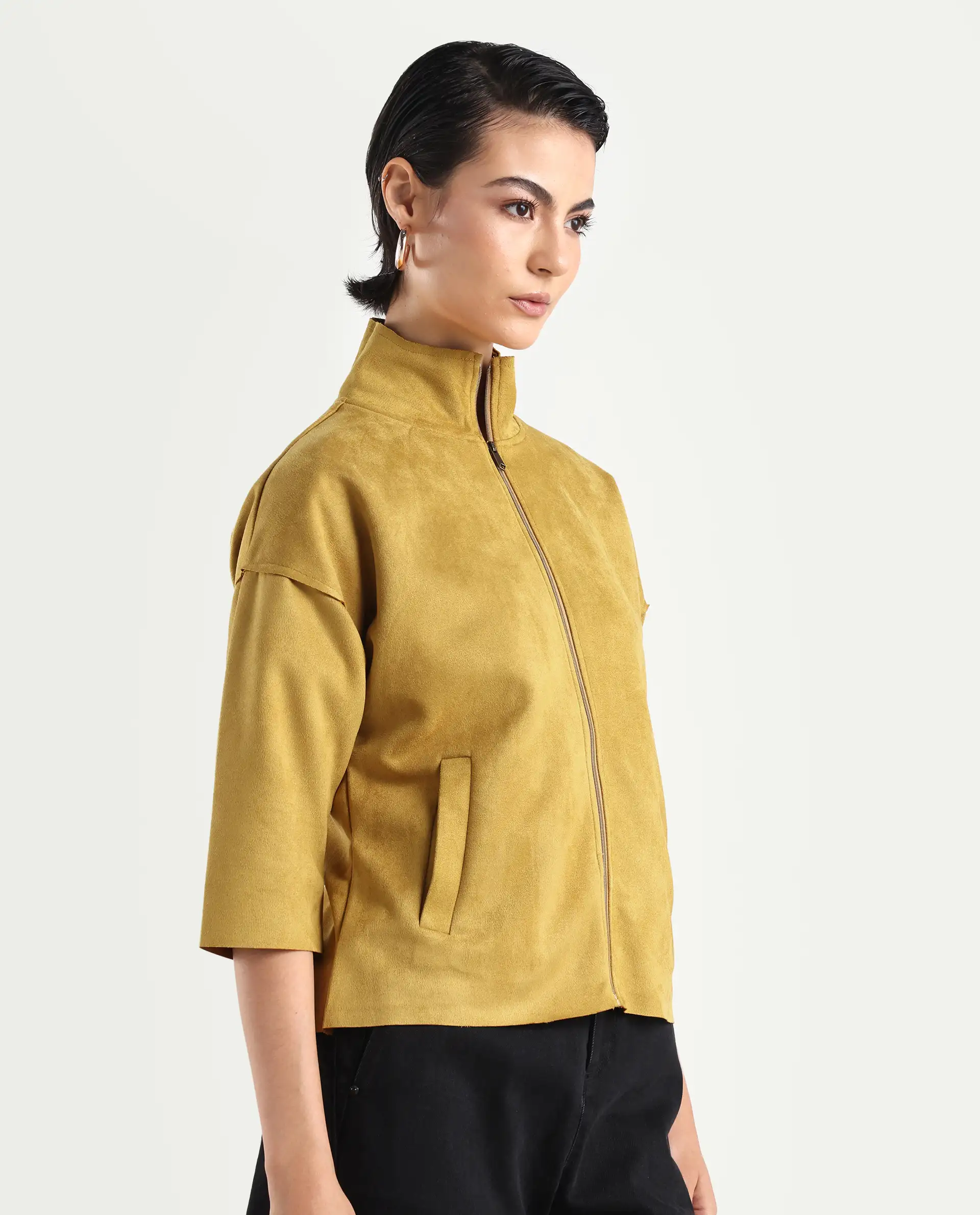 Rareism Women's Vasu 2 Mustard Suede Stand Collar Plain Boxy Fit Jacket - Image 6