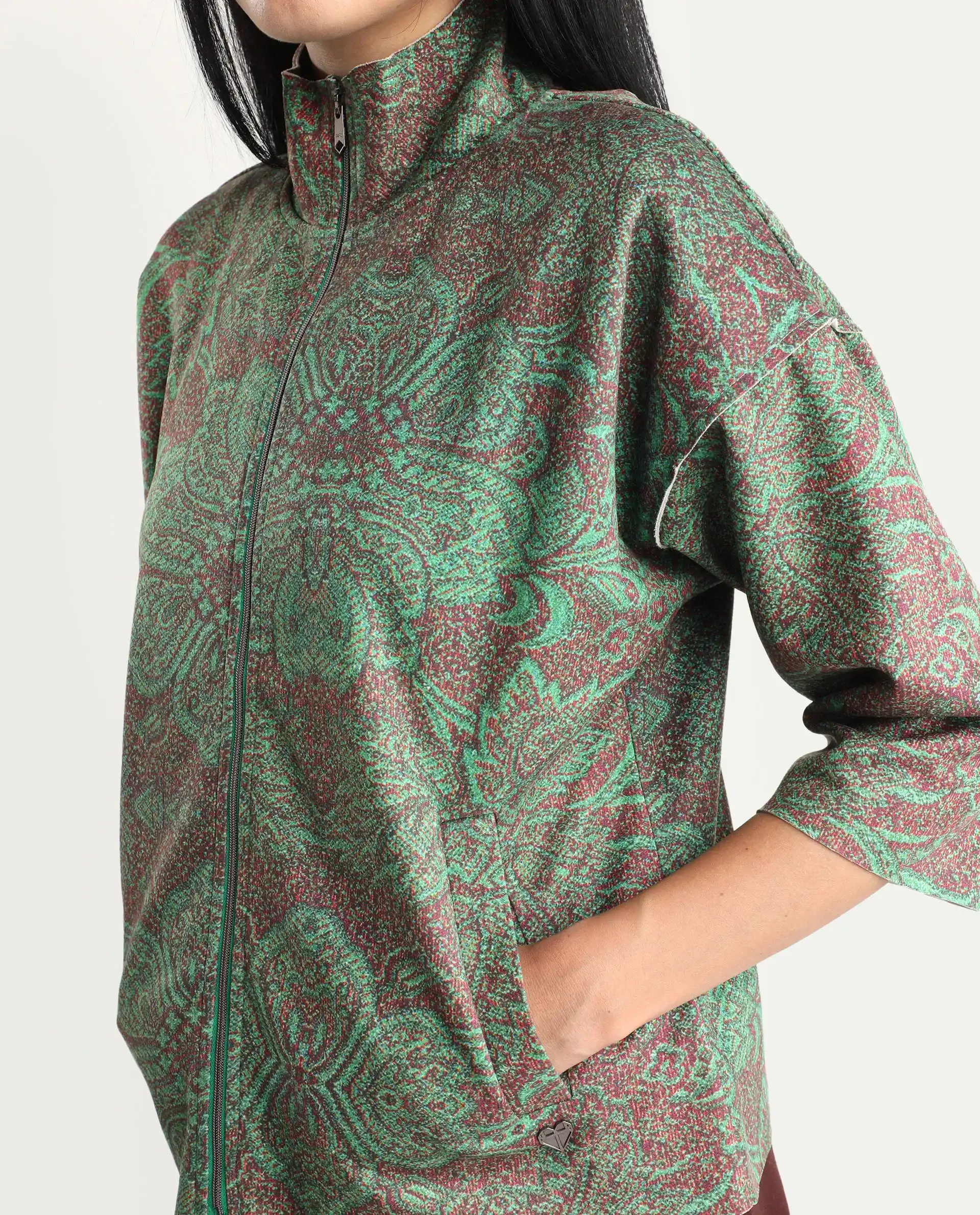 Rareism Women's Vasy Multi Suede Stand Collar Floral Print Boxy Fit Jacket - Image 4